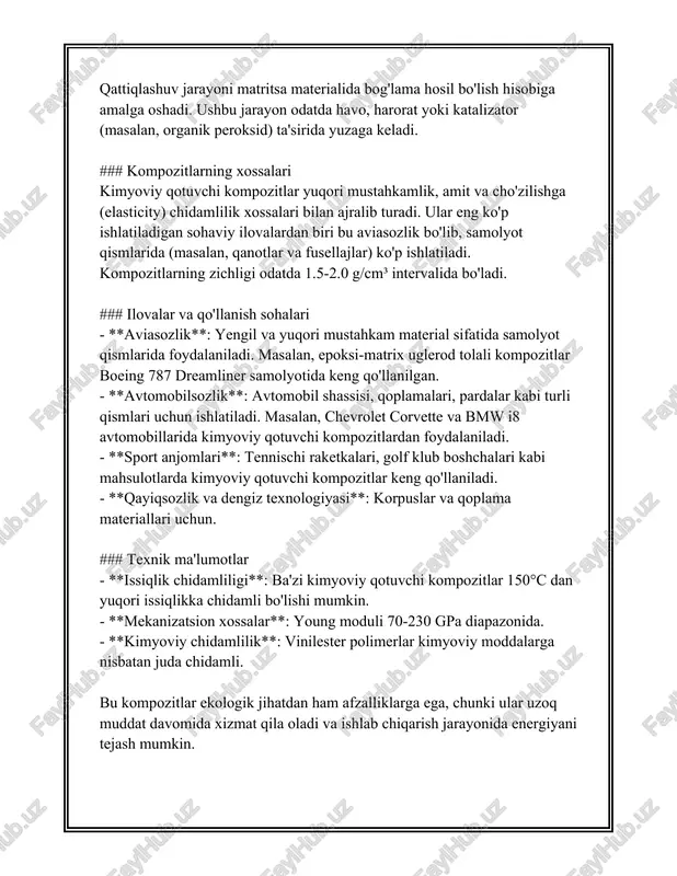 fotopolimer materiallar bozorining hajmi 7 milliard aqsh dollaridan oshgan. - aerokosmik sanoatda kompozit materiallar ulushi 50% gacha oshishi prognoz qilingan, u yerdagi texnologiya va materiallarning yengilligi anashu maqsadni ta'minlaydi. 6. **kelajakka oid istiqbollar:** - bola va energiya samaradorlik maqsadida, ushbu kompozitlar quyosh energiyasi texnologiyalarida qo'llanilishi mumkin. - nqk ning yangi kompozitsion materiallari yanada yuqori termo-mexanik va elektro-optik xususiyatlarga ega bo'lishi kutilmoqda. shunday qilib, nurda qotuvchi kompozitlar zamonaviy sanoatda keng imkoniyatlar ochib bermoqda. ular turli sohalarda foydalanilishi ortidan, tashqi ko'rinish va xususiyatlari jihatdan yuqori natijalarni taqdim eta olishadi, bu esa kelajakda ularning ahamiyatini yanada oshirishi aniq. 3. polimerizatsiyaning kimyoviy bosqichlari polimerizatsiya — bu monomerlardan makromolekulalar, ya'ni polimerlar hosil qilish jarayonidir. polimerizatsiya kimyoviy bosqichlarga ega bo'lib, har bir bosqichda turli muhitlar va sharoitlar talab qilinishi mumkin. ushbu jarayon turli xil usullar bilan amalga oshiriladi, ammo kimyoviy bosqichlari asosan quyidagilardan iborat: 1. **initsializatsiya (boshlanish bosqichi):** - bu bosqich polimerlash jarayonining boshlanishini ta'minlaydi. ko'pincha …
