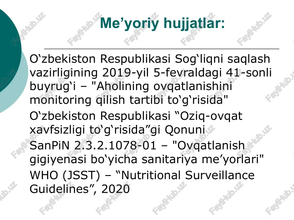 a, suv). 13. xun tolasi tarkibi. 14. shaxsiy vitaminlar, minerallar tarkibi (kerak bo'lsa). image1.jpeg image2.png image3.jpeg image4.jpeg /docprops/thumbnail.jpeg aholining ovgatlanishni o'rganish usullari