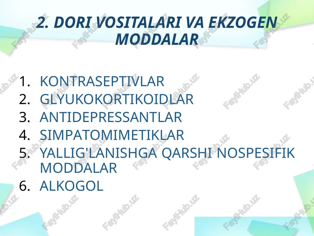 bosqich tana vaznini kamaytirish alkogol iste'molini to’xtatish regulyar aerob mashqlar osh tuzi iste'molini kamaytirish kaliy, kalsiy, magniyni yetarlicha iste'mol qilish chekish va yog’li mahsulotlarni cheklash 2 -bosqich (agar ab 140/90 mm.sim.ust kamaymasa) medikamentoz davo - yondosh kasalliklarni bartaraf etish uchun, agar yondosh kasalliklar bo’lmasa – diuretiklar yoki beta-blokatorlarni tavsiya qilinadi. 3 - bosqich (agar ab 140/90 mm.sim.ust kamaymasa) preparat dozasini oshirish preparatlarni almashtirish yoki boshqa guruh dorilarni qo’shish 4 - bosqich (agar ab 140/90 mm.sim.ust kamaymasa) 2 va 3 bosqichdagi dorilarni diuretiklar bilan birga qo’llash image5.jpeg image6.png image2.jpeg image3.png image4.png eee inn /docprops/thumbnail.jpeg simptomatik arterial gipertenziya.