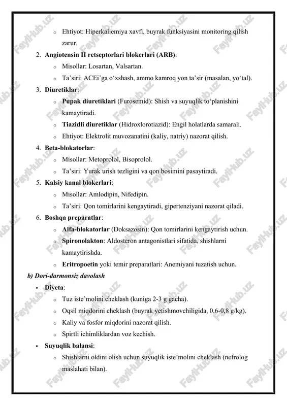 sim). · diabetik nefropatiya: qon shakarini nazorat qilish (insulin, metformin). · renovaskulyar gipertenziya: angioplastika yoki stenting (buyrak arteriyasi stenozida). d) og‘ir holatlarda · gemodializ yoki peritonial dializ: surunkali buyrak yetishmovchiligining oxirgi bosqichlarida. · buyrak transplantatsiyasi: buyrak funksiyasi butunlay yo‘qolganda. · gipertonik krizda: nitroglitserin, labetalol yoki natriy nitroprussid kabi tez ta’sir qiluvchi dorilar. profilaktika va kuzatuv · muntazam monitoring: qon bosimi, siydik tahlillari, qon biokimyasi (kreatinin, mochevina, elektrolitlar) har 3-6 oyda. · infeksiyalarni oldini olish: vaksinatsiya, infeksiya o‘choqlarini (tonzillit, karies) davolash. · sog‘lom turmush tarzi: chekishni tashlash, ortiqcha vaznni kamaytirish. erkaklar va ayollarda buyrak kasalliklari — siydik tizimining ushbu a’zolari normal faoliyatiga to’sqinlik qiladigan turli patologiyalarni o’z ichiga oladi. buyrak kasalliklarining har birini o’ziga xosligi, turli klinik ko’rinishi va davolash usullari mavjud. aslida ko’plab buyrak kasalliklari asimptomatik, ya’ni alomatlarsiz kechadi va bemorlar o’z salomatliklari bilan mavjud muammolar haqida bilishmaydi. shuning uchun, buyrakning asosiy kasalliklari qanday bo’lishini tushunish, ularning alomatlari va davosini …
