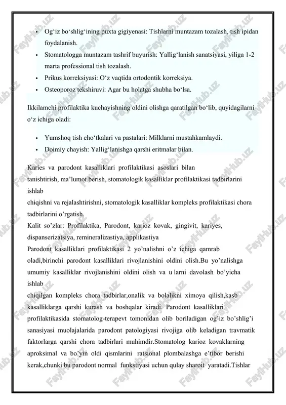 rivojiga olib keladigan travmatik faktorlarga qarshi chora tadbirlari muhimdir.stomatolog karioz kovaklarning aproksimal va bo’yin oldi qismlarini ratsional plombalashga e’tibor berishi kerak,chunki bu parodont normal funkstiyasi uchun qulay sharoit yaratadi.tishlar sanasiyasi,tish karashlarini olish bilan yakunlanishi shart. prikus anomaliyalari aniqlaganda bemorlar ratsional ortodontik va ortopedik davo olishlari muhimdir. bu og’iz bo’shlig’ida qulay fiziologik holat yaratib,bola organizmida yuz -jag’ sistemasining to’g’ri rivojlanishiga sharoit yaratadi. mahalliy sabablarga ko’ra rivojlangan parodont kasalliklari profilaktikasining oddiy usuli bo’lib og’iz bo’shlig’i gigiyenasi hisoblanadi.stomatolog-terapevt tish cho’tkasi, pastasi,va boshqa gigiyenik vositalar tanlashda tavsiya berishi kerak. profilaktikaning 2 yo’nalishiga parodont kasalliklari og’ir formalari va ularning asoratlari rivojlanishini oldini olish kiradi. birinchi navbatda bu boshlang’ich formalarni tashxislash va davolash bo’lib, asosan profilaktik ko’riklar vaqtida aniqlanib, dispanser nazoratiga olish va boshqa ishlarni qamrab oladi.bu muolajalar vrach parodontolog tomonidan olib boriladi. dispanser kartada bemorning ko’rikka kelish vaqti sa nalari aniq belgilangan bo’lib,qayta ko’rikka kelishi quyidagicha: 1.gingivit bilan kasallanganlar 6 oyda 1 marta; 2.parodontit bilan …
