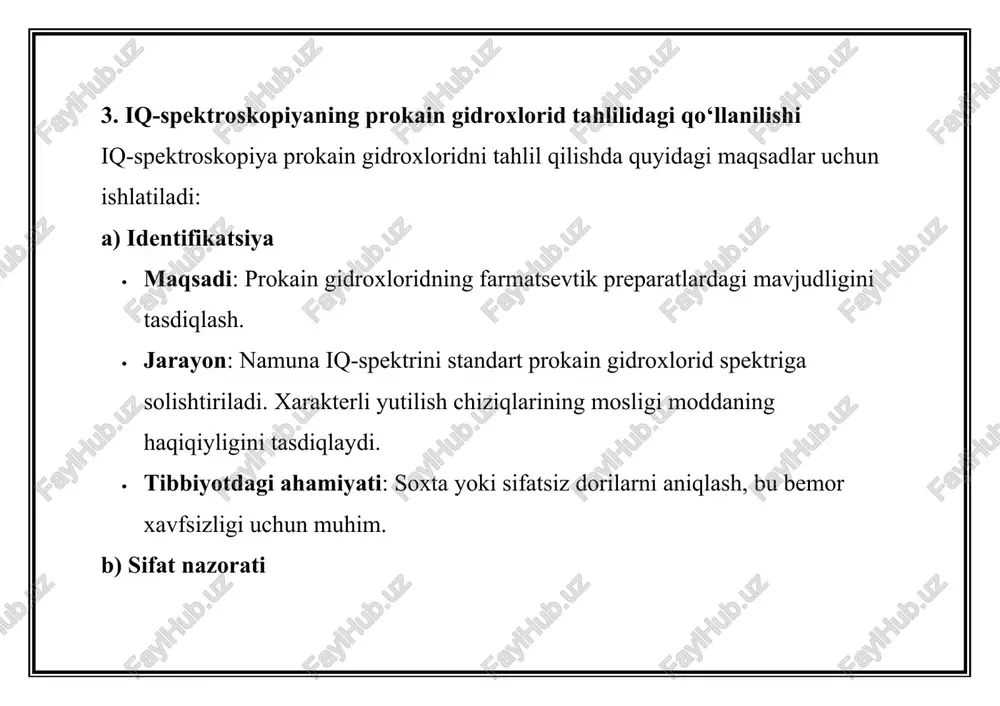 slarda oldindan tozalash talab qilinadi. · uskunaning qimmatligi: ftir spektrometrlar qimmat va malakali mutaxassislar talab qiladi. 6. tibbiyotdagi amaliy qo‘llanilishi · farmatsevtik ishlab chiqarish: prokain gidroxloridning xom ashyo sifatida sifatini tekshirish va tayyor mahsulotlarda faol modda miqdorini tasdiqlash. · klinik amaliyot: soxta dorilarni aniqlash, ayniqsa rivojlanayotgan mamlakatlarda muhim. · tadqiqotlar: prokain gidroxloridning yangi formulalari (masalan, uzaytirilgan ta’sirli shakllar) ni ishlab chiqishda sifat nazorati. · toksikologiya: ortiqcha doza yoki noto‘g‘ri qo‘llanilgan prokain gidroxloridning metabolitlarini aniqlash. 7. kelajakdagi istiqbollar · portativ ftir qurilmalari: klinik sharoitlarda yoki dorixonalarda joyida tahlil qilish uchun kichik hajmli spektrometrlar ishlab chiqilmoqda. · sun’iy intellekt integratsiyasi: spektrlarni avtomatik tahlil qilish va aralashmalarni aniqlashda ai yordamida aniqlikni oshirish. · kombinatsiyalangan usullar: iq-spektroskopiyani raman spektroskopiyasi yoki ysx bilan birlashtirib, yanada keng qamrovli tahlil qilish. · biologik tahlilning rivojlanishi: yangi namunani tayyorlash texnikalari biologik matritslarda prokain gidroxloridni aniqlashni soddalashtiradi. xulosa iq-spektroskopiya, xususan ftir va atr usullari, prokain gidroxloridning tahlilida samarali va …