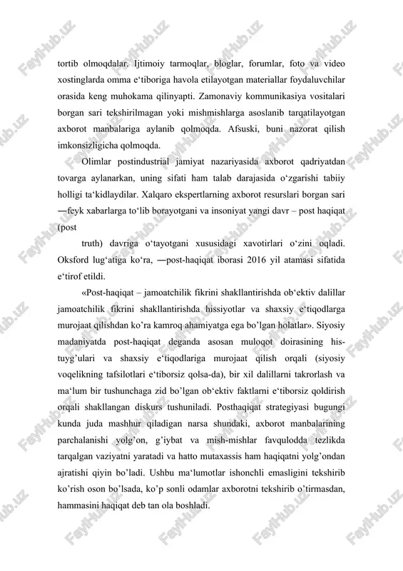 ko‘rina boshlaydi. kunning asosiy qismini ijtimoiy tarmoqlarda o‘tkazadigan insonlarda bora-bora zerikarli reallikka apatiya (zerikarli kontent layk yig‘ishi mushkul) shakllanib, haqiqatni yolg‘ondan farqlash ehtiyoji yo‘qolib boradi. masalan, facebook, twitter va googleda klik, layk, repostlar ta‘minlab beradigan reklamali o‘tishlar va shu orqali pul topish muhim (targeting reklamaning sozlashlari) bo‘lishi mumkin. axborot sifati esa ikkinchi darajali masalaga aylandi. haqiqiy voqelikni buzib ko‘rsatuvchi arzon va ommabop vositalarning keng tarqalishi infokalipsisning asosiy sababidir. bunday sharoitda har qanday inson aslida u sodir bo‘lganmi-yo‘qmi, istalgan voqeaga taqlid kilishi mumkin. voqelikni buzib ko‘rsatuvchi texnologiyalarning dastlabki namunalari allaqachon barchaga ma‘lum. generativ neyrotarmoqlar yangi multimedia olamini shakllantirishni allaqachon boshlab yuborgan. ularning yordamida odamlar hech qachon qilmagan ishlarini qiladigan yoki hech ham aytmagan gaplarini aytadigan qilib ko‘rsatuvchi videolavhalar yaratish mumkin. mazkur texnologiya asoschisi yan gudfellouning o‘zi ham ushbu masalalar bilan bog‘liq xavflarni tan olgan va yana 10 yildan so‘ng you tube ijtimoiy tarmog‘ini haqiqiylaridan ajratish qiyin bo‘lgan soxta videolavhalar bilan to‘lib …