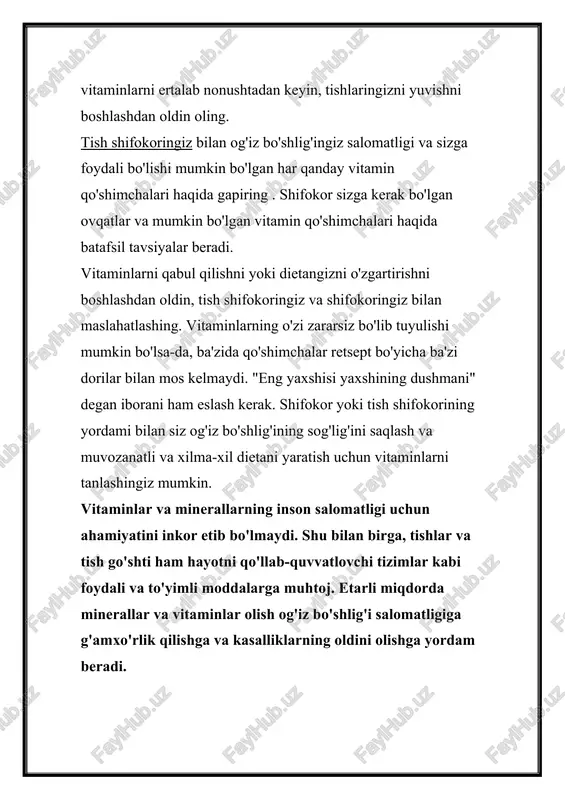 va yo'q qilinishiga olib keladi, bu tishni mo'rt va mexanik va termal stressga moyil qiladi. bunga yo'l qo'ymaslik uchun siz iste'mol qilgan kaltsiy miqdorini kuzatib borishingiz va etarli darajada ushlab turishingiz kerak. bu homilador ayollar va qariyalar uchun ayniqsa muhimdir. kattalar uchun kunlik kaltsiy ehtiyoji yoshga va unga bog'liq omillarga qarab 800 dan 1200 mg gacha. masalan, o'rtacha kattalar uchun kuniga 1000 mg kaltsiy, homiladorlik va laktatsiya davrida ayollar uchun - 1500 mg, 65 yoshdan oshgan odamlar uchun - 1200 mg. kerakli miqdorni olish uchun sut va fermentlangan sut mahsulotlari, pishloqlar, yong'oqlar, dukkaklilar va tovuq tuxumlarini dietaga qo'shish muhimdir. oziqlanishdan tashqari, emalni kaltsiy bilan ta'minlash uchun kaltsiy o'z ichiga olgan gigiena vositalaridan foydalanish tavsiya etiladi: pastalar, chayishlar, jellar, musslar va boshqalar. fosfor tish emalining holati uchun javobgar bo'lgan ikkinchi asosiy mineral fosfordir. u kaltsiy bilan birlashadi, shuningdek, tish emalini va suyak tuzilmalarini zichlikni ta'minlaydi. bundan tashqari, fosfor kariyes shakllanishi uchun …
