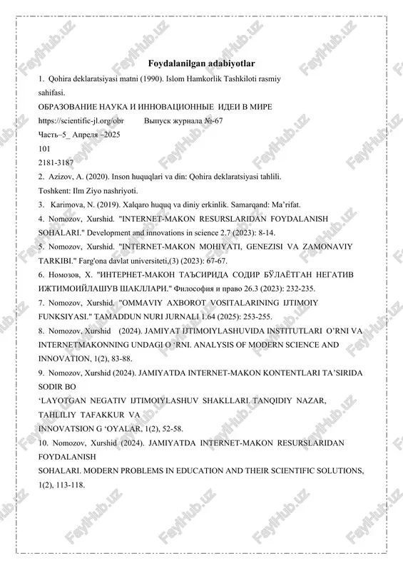 xurshid (2024). jamiyat ijtimoiylashuvida institutlari o’rni va internetmakonning undagi o ‘rni. analysis of modern science and innovation, 1(2), 83-88. 9. nomozov, xurshid (2024). jamiyatda internet-makon kontentlari ta’sirida sodir bo ‘layotgan negativ ijtimoiylashuv shakllari. tanqidiy nazar, tahliliy tafakkur va innovatsion g ‘oyalar, 1(2), 52-58. 10. nomozov, xurshid (2024). jamiyatda internet-makon resurslaridan foydalanish sohalari. modern problems in education and their scientific solutions, 1(2), 113-118. 11. o’g’li, nomozov xurshid shavkat. "yuksak axborot madaniyati–internet-makon resurslaridan ratsional foydalanish sharti." research focus 2.6 (2023): 105-110. 12. nomozov, xurshid (2022). threats to information security in educational institutions. gospodarka i innowacje., 22, 229-231. 13. nomozov xurshid. "axborot xurujlarining manbalari, ularning ijtimoiy muhitda amalga oshish usullari." ta'limda raqamli texnologiyalarni tadbiq etishning zamonaviy tendensiyalari va rivojlanish omillari 41.1 (2025): 632-636. 14. shavkat o’g’li, nomozov xurshid. "axborotning zamonaviy tarkibi." ta'limda raqamli texnologiyalarni tadbiq etishning zamonaviy tendensiyalari va rivojlanish omillari 41.1 (2025): 628-631. 15. nomozov xurshid. "internet-makon mohiyati, genezisi va zamonaviy tarkibi." …