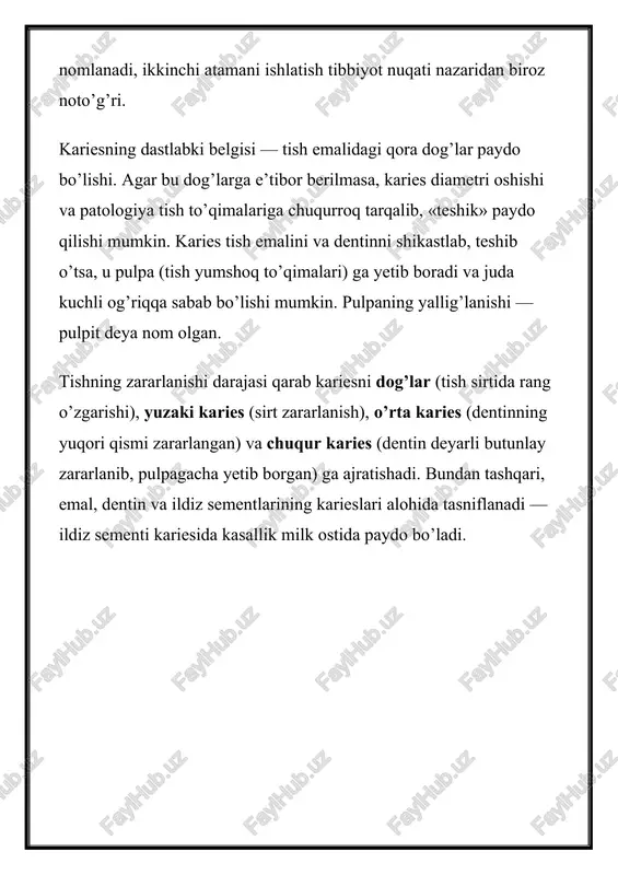 ishni shikastlashni boshlaydi va tishda karash paydo qiladi. so’lak ajralishining yetishmovchiligi ham karies rivojlanishiga hissa qo’shishi mumkin. aslida, so’lakning mineral moddalari bakteriyalar tomonidan ishlab chiqariladigan kislotalarni qisman bartaraf qilishga qodir. so’lak juda kam hosil bo’lganda, kislotalar tishlarni tezda yemirishni boshlaydi. bundan tashqari, so’lak qisman karashlarni yuvib turadi. kserostomiya (og’izda «quruqlik») turli kasalliklar, masalan qandli diabet, gipertoniya, burundan nafas olishning buzilishi natijasida rivojlanishi mumkin. bundan tashqari, tishning yemirilishga tez-tez shirinliklarni iste’mol qilish ham sabab bo’lishi mumkin va bu qancha glyukoza iste’mol qilinganiga emas, balki qancha vaqt davomida tishlar bilan aloqa qilganligiga bog’liq, ya’ni tishlarga «yopishib» qolishi davomiyligi. noto’g’ri ovqatlanish nafaqat tishga, balki umuman og’iz bo’shlig’ining salomatligiga salbiy ta’sir qiladi. shuningdek, karies, boshqa omillar bilan bir qatorda, immunitet tizimi faoliyatining buzilishi sababli ham rivojlanishi mumkin. buzilshning sababi esa stress bo’lishi mumkin. stress, shuningdek, og’iz bo’shlig’ida mineralizatsiya jarayonlarini sekinlashtira oladi. agar karies aniqlangan bo’lsa, siz ovqatlanishga o’zgartirishlar kiritishingiz, og’iz gigienasiga ko’proq e’tibor berishingiz, …