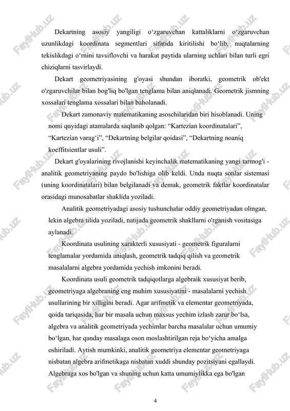 oordinata usuli va boshqalar. ular maktabda turli lavozimlarni egallaydilar. asosiy usul sintetik hisoblanadi, boshqalardan koordinata usuli algebra bilan chambarchas bog'liqligi sababli eng yuqori o'rinni egallaydi. sintetik usulning nafisligi sezgi, taxminlar va qo'shimcha konstruktsiyalar orqali erishiladi. koordinata usuli buni talab qilmaydi: muammolarni hal qilish asosan algoritmik bo'lib, ko'p hollarda muammoning o'zini izlash va hal qilishni osonlashtiradi. koordinatalar tizimi - bu koordinata usulini amalga oshiradigan ta'riflar to'plami, ya'ni nuqta yoki tananing o'rnini raqamlar yoki boshqa belgilar orqali ko'rsatish usuli. koordinata usuli geometrik tadqiqotlarga algebraik xususiyat berib, geometriyaga algebraning eng muhim xususiyatini - masalalarni yechish usullarining bir xilligini beradi. agar arifmetik va elementar geometriyada, qoida tariqasida, har bir masala uchun maxsus yechim izlash zarur bo‘lsa, algebra va analitik geometriyada yechimlar barcha masalalar uchun umumiy bo‘lgan, har qanday masalaga oson moslashtirilgan reja bo‘yicha amalga oshiriladi. algebraga xos bo'lgan va shuning uchun katta umumiylikka ega bo'lgan masalalarni yechish usullarini geometriyaga o'tkazish koordinata usulining asosiy qiymatini …