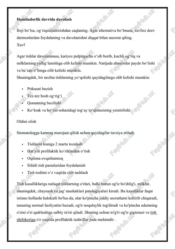 guruhlarga bo'lish mumkin: · og'iz bo'shlig'i shilliq qavatining yallig'lanish jarayonlari (stomatit, gingivit, glossit, cheilit); · tish shikastlanishlari (karies, pulpit, tish toshlari, periodontal kasallik, periodontit, perikoronit, emal gipoplaziyasi, alveolit ); · maxillofacial mintaqaning kasalliklari (kistalar, flegmonalar va xo'ppozlar, tishlarning turli nuqsonlari); · bosh suyagining yuz qismining tug'ma nuqsonlari (lab va tanglay yorig'i); · tishlar va jag'lar (chiqishlar va sinishlar), til va lablarning travmatik shikastlanishlari; · tuprik bezlarining yallig'lanish jarayonlari va boshqalar. barcha tish kasalliklarini ham ikkita toifaga bo'lish mumkin: emalning shikastlanishi va periodontal to'qimalarda patologik jarayonlar natijasida yuzaga kelgan kasalliklar. agar biz amaliy fikrlarga amal qilsak, qulaylik uchun biz kariyes va uning asoratlaridan kelib chiqqan og'iz bo'shlig'i kasalliklarini va boshqa sabablarga ko'ra paydo bo'lgan kasalliklarni ajrata olamiz. tug'ma va irsiy kasalliklar bir-biridan ajralib turadi; ularni tuzatish juda qiyin. o'z vaqtida boshlangan ikkinchi guruh kasalliklarini davolash muvaffaqiyatli. biroq, ko'pincha bemorlar tish kariesiga duch kelishadi. bu jarayon tish plastinkasida patogen mikroorganizmlarning tez ko'payishi …