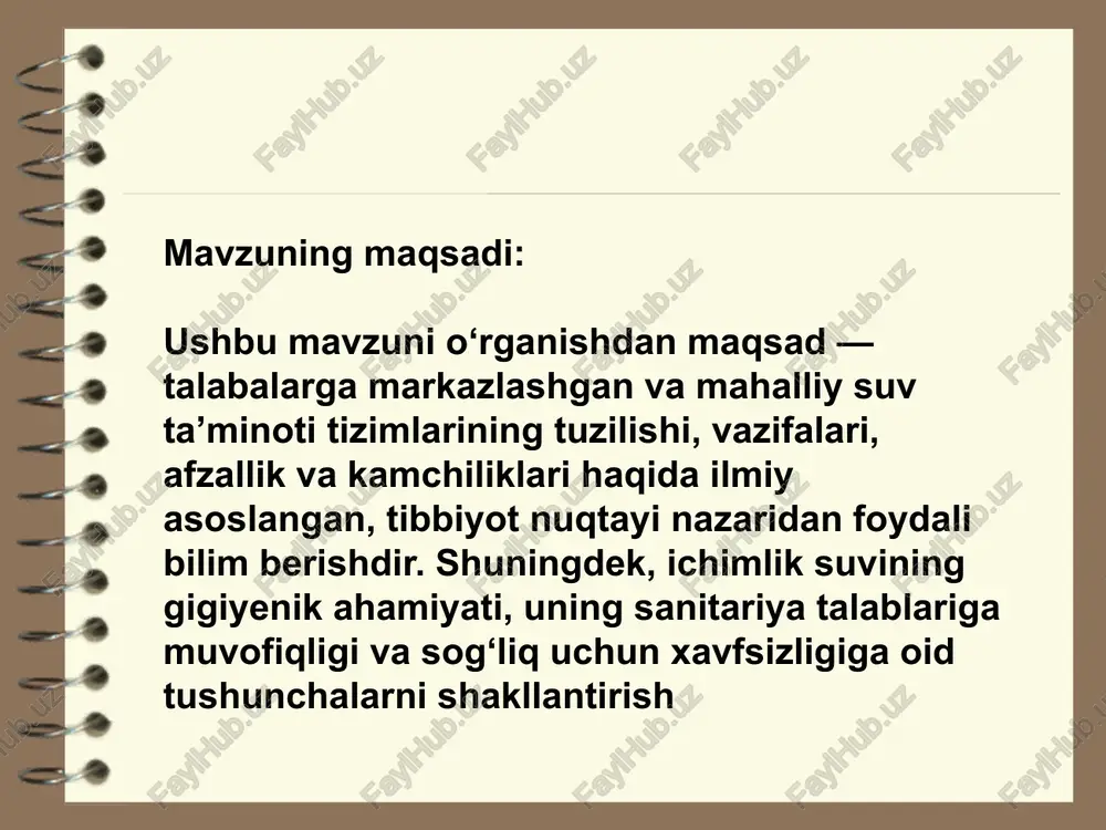 arqatish quvurlari (asosan orol oldi mintaqasida) yetkizilib ishga tushirilgan. suvni zararsizlantirish – bu ichimlik suvlarini mikroorganizmlardan holi qilish demakdir. buning uchun fizikaviy va kimyoviy zararsiz- lantirish usullari ishlab chiqilgan. fizikaviy usullar – suvni qaynatish, ultrabinafsha nur bilan ishlov berish. bu usul katta hajmlardagi suvlarni zararsizlantirishda qo‘llanil- maydi, ammo uning samaradorligi yuqori, shuning uchun markazlash- tirilgan suv ta’minotida kimyoviy zararsizlantirish usullari ko‘proq qo‘llanadi. kimyoviy zararsizlantirish usullari – suvni xlorlash, ozon bilan zararsizlantirish kabi usullar. suvni xlorlashda o‘zida xlor tutuvchi preparatlar (xlorli ohak) qo‘shiladi. bu moddalar suvda eritilganda atomar xlor ioni hosil bo‘ladi. xlor esa bakteritsidlik xususiyatiga ega- dir. suvni xlorlashda suvga yetarli miqdorda xlor qo‘shilmasa, uning zararsizlantirish samaradorligi yuqori bo‘lmaydi, ortiqcha miqdorlarda xlor qo‘shilganda esa, suvning organoleptik xususiyatlari o‘zgaradi va suv kanserogenlik xususiyatlariga ega bo‘lib qolishi mumkin. agar zararsizlantirilgan suv tarkibidagi qoldiq xlor miqdori ko‘p bo‘ladigan bo‘lsa, xlorfenol komplekslari hosil bo‘lib, ular aynan kanserogen ta’sir ko‘rsatish xususiyatiga egadir. shuning uchun xlorlashni …