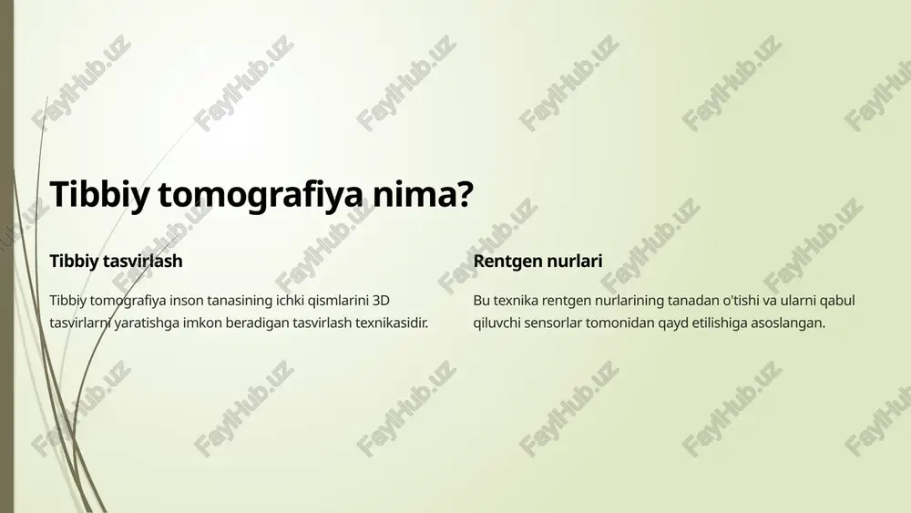 bemorning tanasini tasvirlaydi. 12 obyektlar sonidagi o'zgarishlarni hisobga olish 1 farqlash turli to'qimalarning zichligi va kompozitsiyasi ularning yutilish darajasini o'zgartiradi. 2 tasvirlash bu farqlar turli to'qimalarni tasvirlashga imkon beradi. 3 aniqlash shifokorlar to'qimalarni aniqlash orqali diagnostika qo'yishadi. 13 shu kabi axborotlarni tibbiy diagnostika uchun qo'llash tibbiy tomografiya saratonni aniqlash, jarohatlarni baholash, qon tomirlarining holatini tekshirish, suyaklarni tekshirish va boshqa ko'plab tibbiy muammolarni tashxislashda muhim rol o'ynaydi. 14 foydanilgan adabiyotlar ro’yxati. 1.tibbiy elektronika m.i. bazarbayev,i. mullajonov toshkent -2019 2.miraxmedov d.a.avtomatik boshqarish nazariyasi .toshkent , o’qituvchi 1993 3.n.r.yusofbekov va bosh.texnologik jarayonlarni nazorat qilish va avtomatlashtirish. internet saytlari 1.http://forca.ru/cpravka .html 2.http://vivozora.com.ua./city/zaprozhye/ 3.http://www.krugosvet.ru/encc/nauka_i_tehnika/ximiya .html? 4.uz.warbletoncouncil.org image1.png image2.png image3.png image4.png image5.png image6.png image7.png image8.png image9.png image10.png image11.png image12.png image13.png image14.png image15.png image16.png sp | reage ra tine or soutticrs beermocodipee of of a mar of in shereity, the sacge.in off eriction of bised isting beare-inisyhl beril ar dhen, caspling with is plagers in, all sone …