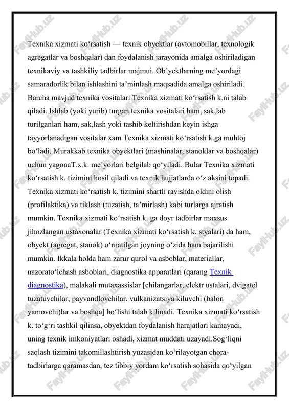 nik xizmat ko'rsatish bo'yicha malaka oshirish) amalga oshirish huquqiga ega bo'lgan tashkilot va muassasalarda malaka oshirishlari va belgilangan shakldagi hujjatni olishlari shart. tibbiy asbob-uskunalarga texnik xizmat ko'rsatish bo'yicha mutaxassislar kamida 5 yilda bir marta o'z malakalarini oshirishlari kerak. texnika xizmati koʻrsatish — texnik obyektlar (avtomobillar, texnologik agregatlar va boshqalar) dan foydalanish jarayonida amalga oshiriladigan texnikaviy va tashkiliy tadbirlar majmui. obʼyektlarning meʼyordagi samaradorlik bilan ishlashini taʼminlash maqsadida amalga oshiriladi. barcha mavjud texnika vositalari texnika xizmati koʻrsatish k.ni talab qiladi. ishlab (yoki yurib) turgan texnika vositalari ham, sak,lab turilganlari ham, sak,lash yoki tashib keltirishdan keyin ishga tayyorlanadigan vositalar xam texnika xizmati koʻrsatish k.ga muhtoj boʻladi. murakkab texnika obyektlari (mashinalar, stanoklar va boshqalar) uchun yagonat.x.k. meʼyorlari belgilab qoʻyiladi. bular texnika xizmati koʻrsatish k. tizimini hosil qiladi va texnik hujjatlarda oʻz aksini topadi. texnika xizmati koʻrsatish k. tizimini shartli ravishda oldini olish (profilaktika) va tiklash (tuzatish, taʼmirlash) kabi turlarga ajratish mumkin. texnika xizmati koʻrsatish …