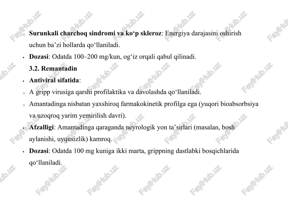 l qilish uchun ultra-yuqori samarali xromatografiya. · lc-ms/ms: past konsentratsiyali iflosliklar va metabolitlarni aniqlashda yuqori sezgirlik. · avtomatlashtirish: hplc va spektroskopik tahlillarda sun’iy intellekt yordamida ma’lumotlarni tezkor tahlil qilish. · muammolar: · virus rezistentligi tufayli adamantanlarning antiviral samaradorligi pasayishi. · murakkab aralashmalarda iflosliklarni aniqlashdagi qiyinchiliklar. · qimmat tahlil jihozlari va malakali mutaxassislar zaruriyati. 7. xulosa adamantanlar guruhiga kiruvchi amantadin va remantadin antiviral va neyrofarmakologik xususiyatlari tufayli tibbiyotda muhim o‘rin tutadi. amantadin parkinson kasalligi va ekstrapiramidal sindromlarda, remantadin esa a gripp virusiga qarshi qo‘llaniladi, garchi virus rezistentligi tufayli uning qo‘llanilishi cheklangan. farmatsevtik tahlil usullari, xususan, hplc, ir, va lc-ms, ushbu moddalar sifatini ph. eur. va usp standartlariga muvofiqligini ta’minlaydi. zamonaviy texnologiyalar tahlil jarayonlarini yanada samarali qilmoqda, ammo rezistentlik va iqtisodiy cheklovlar dolzarb muammo sifatida qolmoqda.