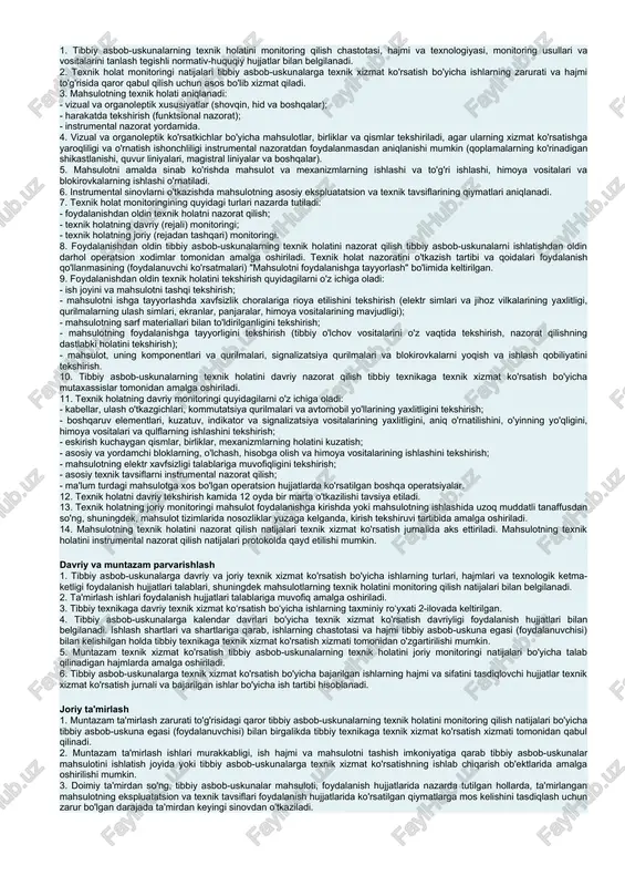 artnomasida) nazarda tutilgan shartlarga muvofiq tibbiy texnika yetkazib beruvchi (ishlab chiqaruvchi yoki vositachi): - egasiga (foydalanuvchiga) etkazib beriladigan tibbiy asbob-uskunalarni yaxshi holatda saqlash uchun zarur bo'lgan ekspluatatsiya hujjatlarini taqdim etadi; - o'zining yoki vakolatli texnik xizmat ko'rsatish xizmatlari tomonidan kafolat muddati davomida etkazib beriladigan tibbiy asbob-uskunalarga texnik xizmat ko'rsatish va bepul ta'mirlashni ta'minlaydi; - kafolat muddatidan keyingi davrda shartnoma asosida o'zining yoki ruxsat etilgan texnik xizmat ko'rsatish xizmatlaridan foydalangan holda yetkazib beriladigan tibbiy asbob-uskunalarga texnik xizmat ko'rsatish va ta'mirlashni ta'minlaydi; - yetkazib berilayotgan tibbiy asbob-uskunalarning butun xizmat muddati davomida ixtisoslashtirilgan butlovchi qismlar va ehtiyot qismlar bilan ta'minlanishini ta'minlaydi; - vakolatli texnik xizmat ko'rsatish bo'limlarini zarur xizmat ko'rsatish va ta'mirlash hujjatlari, shuningdek (agar kerak bo'lsa) ixtisoslashtirilgan ta'mirlash va diagnostika uskunalari bilan jihozlaydi; - yetkazib beriladigan tibbiy asbob-uskunalarga texnik xizmat ko'rsatish bo'yicha mutaxassislarni tayyorlaydi; - zarur hollarda tibbiy mutaxassislarni yetkazib beriladigan tibbiy asbob-uskunalar bilan ishlash bo'yicha o'qitishni ta'minlaydi. 5. tibbiy asbob-uskunalarni yetkazib …