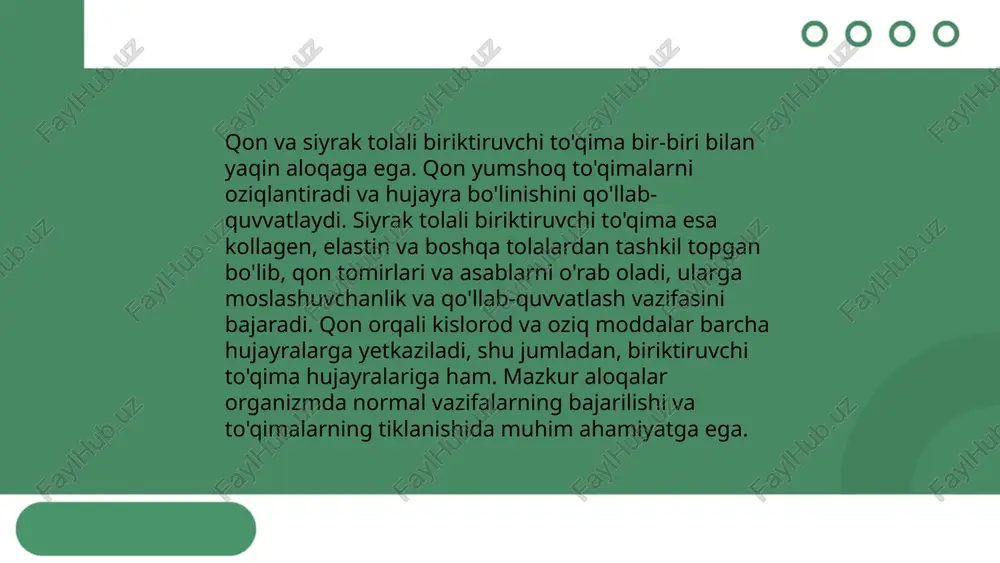 bunda qon plazmasi orqali oziqlanish va chiqindi moddalari almashinuvi amalga oshadi. shu tariqa, qon va siyrak tolali biriktiruvchi toʻqima oʻzaro bog'langan holda ishlaydi. ... t.me/slaydai_bot qon va siyrak tolali biriktiruvchi toʻqimalarning oʻzaro munosabati regeneratsiya jarayonida muhim rol oʻynaydi. qon hujayralari, xususan, leykotsitlar va fibrobastlar toʻqima shikastlanganda faol harakat qiladi. qon ivish omillari fibrin hosil qilish uchun zarur boʻlib, bu hosila yaralarning tiklanish jarayonida asosiy vazifani bajaradi. fibrobastlar kollagen va elastin ishlab chiqaradi, bu esa yangi toʻqima hosil boʻlishida yordam beradi. bu jarayonlar birga ishlashi tufayli regeneratsiya tezroq va samaraliroq amalga oshadi. qon va biriktiruvchi toʻqimalar oʻrtasidagi bu o'zaro ta'sir tiklanish jarayonini optimallashtiradi va toʻqima cheklovlarining oldini oladi, shuningdek, shifo jarayonining tezlashishiga xizmat qiladi. ... t.me/slaydai_bot kalsiy va minerallarning to'qimalar bilan munosabatida qon va siyrak tolali biriktiruvchi to'qimalar muhim o'rin tutadi. qon minerallarni, xususan kalsiyni, butun organizm bo'ylab taqsimlaydi. kalsiy suyaklar va tishlar uchun muhim bo'lib, mineralizatsiya jarayonida ishtirok etadi. qon …