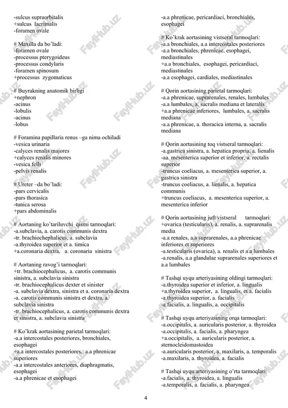 lacrimale -os zygomaticum # cranium viscerale xosil bulishida ishtirok etadi: -os temporale, os palatinum +maxilla, os lacrimale -os parietale -os frontale -os sphenoidale # maxilla da bo’ladi: -lamina horizontalis -foramen spinosum -foramen ovale +alveoli dentales -lamina perpendicularis # maxilla da bo’ladi: +corpus maxillae -foramen spinosum -foramen ovale -lamina horizontalis # maxilla da bo’ladi: -foramen spinosum -foramen ovale +ossa canina -lamina horizontalis # maxilla da bo’ladi: -lamina horizontalis +facies nasalis -lamina perpendicularis -processus lacrimalis # maxilla da bo’ladi: +processus frontalis -lamina horizontalis -lamina perpendicularis -processus lacrimalis # maxilla da bo’ladi: -lamina perpendicularis -lamina horizontalis +processus palatinus -processus lacrimalis # maxilla da bo’ladi: -lamina cribrosa -processus coronoideus +processus alveolaris -foramen spinosum # maxilla da bo’ladi: -eminentia arcuata -protuberantia mentalis +fossa canina -sulcus mylohyoideus -foramen spinosum # maxilla da bo’ladi: +sulcus palatinus major -incisura supraorbitalis -fossa glandulae lacrimalis -foramen spinosum -foramen ovale # maxilla da bo’ladi: -foramen spinosum +foramen infraorbitale -foramen ovale -processus …