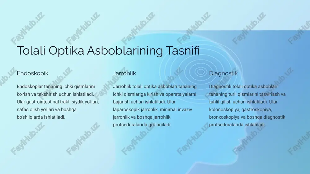 m rol o'ynaydi. tolali optika asboblarining qo'llanilishi tibbiy texnologiyalarni yanada rivojlantirish va tibbiy amaliyotlarni aniq, xavfsiz va samarali qilishga yordam beradi. endoskopiya va laparoskopiya endoskopiya va laparoskopiya — bu ichki organlarni va to'qimalarni ko'rish uchun optik tolalar orqali ishlatiladigan tibbiy vositalardir. endoskopiya: ichki organlarga kirish uchun kichik teshiklar orqali qo'llaniladi. endoskopiya yordamida oshqozon, ichak, o'pkalar va boshqa ichki organlarning holatini tekshirish mumkin. bu usul tibbiyotda diagnostika uchun keng qo'llaniladi, ayniqsa, oshqozon-ichak tizimi kasalliklarini aniqlashda. laparoskopiya: bu jarrohlik usuli orqali bemorning katta jarrohlik kesmalari o'rniga kichik teshiklar orqali jarrohlik amaliyotlari amalga oshiriladi. laparoskopiya yordamida organlarni tekshirish va kerakli davolash jarayonlarini amalga oshirish mumkin. misol uchun, jigar, siydik yo'llari va bachadonni tekshirishda qo'llaniladi. oftalmologiya optik tolali tizimlar oftalmologiyada ko‘z kasalliklarini aniqlash va davolashda keng qo‘llaniladi: optik koherens tomografiya (oct): bu texnologiya retina va boshqa ko‘z to‘qimalarining yuqori aniqlikdagi tasvirlarini olish imkonini beradi. bu usul retina kasalliklarini, masalan, diabetik retinopatiya, makula degeneratsiyasi, va …