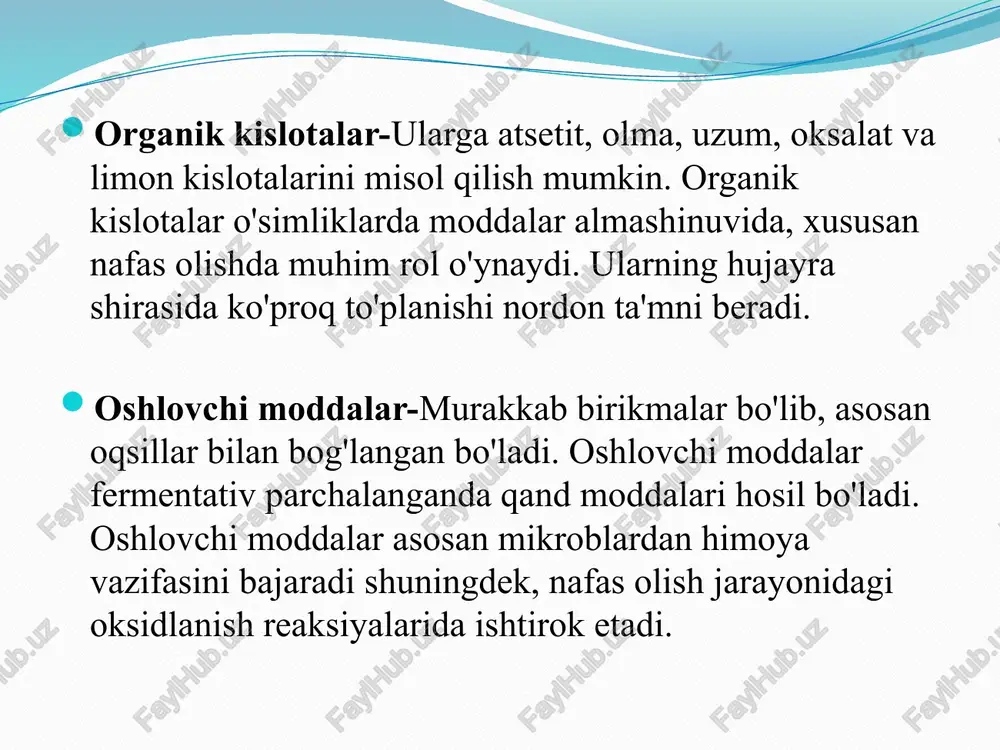 yorug'lik reaksiyasi) yorug'lik 3. 6 co2+ i2 h 20 —> c6h 12o6+6h 2o (moddalarning hosil bo'lishi - qorong'ulik reaksiyasi) yorug'lik reaksiyasi xlorofill tomonidan yorug'lik kvantlarining (fotonlar) yutilishi bilan boshlanadi; natijada qaytaruvchi agent (nadf°h+h) tezlikda bo'lsa ham umrining oxirigacha bo'linib turadi. bu bo'linish natijasida o'simlik bir butun tanani hosil qilib, m a’lum ichki tuzilishga ega bo'ladi. morfogenez jarayoni va natijasi genotipni belgilaydi va shaxsiy rivojlanish sharoiti bilan umumiy rivojlanish qonuniyati o'rtasidagi bog'liqlik barcha tirik organizmlarga xosligini tasdiqlaydi. d.aliyev, z.jumayeva, k.ismoilov, f,jumaniyozova (farmasevtik botanika)2021. yo’lchiyeva m.t, atamurotova n.t, latipova a.e, safarova n.t, farmasevtik botanika t.: 2018 mustafayev s.m, mustafayeva m.s, ahmedov o’.a, botanika t.: 2012 mustafayev s.m, ahmedov o’.a, botanika t.: o’zfan 2006 internet saytlari: 1. http://nature.vspu.ru/links/botlinks.html 2. http://flower.onego.ru/ 3. http://www.botany.net/idb/ 4. http://www.science.siu.yedu/landplants/index.html foydalanilgan adabiyotlar. eʼtiboringiz uchun rahmat!!!