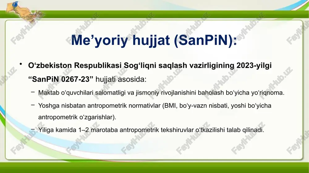g’ri rivojlanganligi va mushaklar tonusi hisobiga qomat tuzilishi turlicha bo'ladi. qomatlar quyidagicha: to‘g’ri, bukirsimon, kifotik, lordotik va qiyshaygan bo'ladi. to‘g’ri turdagi qomatda bo'yin va bel egriliklari, chuqurliklari, kattaliklari bir-biriga yaqin bo'lib, kichik maktab yoshdagi bolalar uchun 3 – 4 sm, o'rta va katta yoshdagi bolalar uchun 4 – 4,5 smni tashkil etadi; bunda tana to‘g’ri ushlanadi, bosh ko'tarilgan, elka to‘g’rilangan va bir xil balandlikda, qorin tortilgan, oyoqlar to‘g’rilanganligi kuzatiladi. oyoq shaklini aniqlash uchun: tekshiriluvchi tovonlarini birlashtirib tik turadi. me'yoriy shakldagi oyoq tuzilishda tizza bo‘g’inlari bir-biriga sal tegib turadi; «o» - shakldagida esa tizza bo‘g’inlari bir-biriga tegmaydi, «x»-shakldagi tuzilishida tizza bo`g`inlari meyoridan ortiq tegib turadi. oyoq kafti — tayanch va harakat organidir. oyoq kafti normal, yassi va tekis bo'lishi mumkin. oyoq kafti shaklini aniqlash uchun tayanch yuzasi, oyoq kafti gumbazi baholanadi. tovonning shaklini bilish uchun tovon bo'yniga qarab baho beriladi. undan tashqari axilov payining oyog`iga va tovonga tushadigan yuklamaga ahamiyat beriladi. …