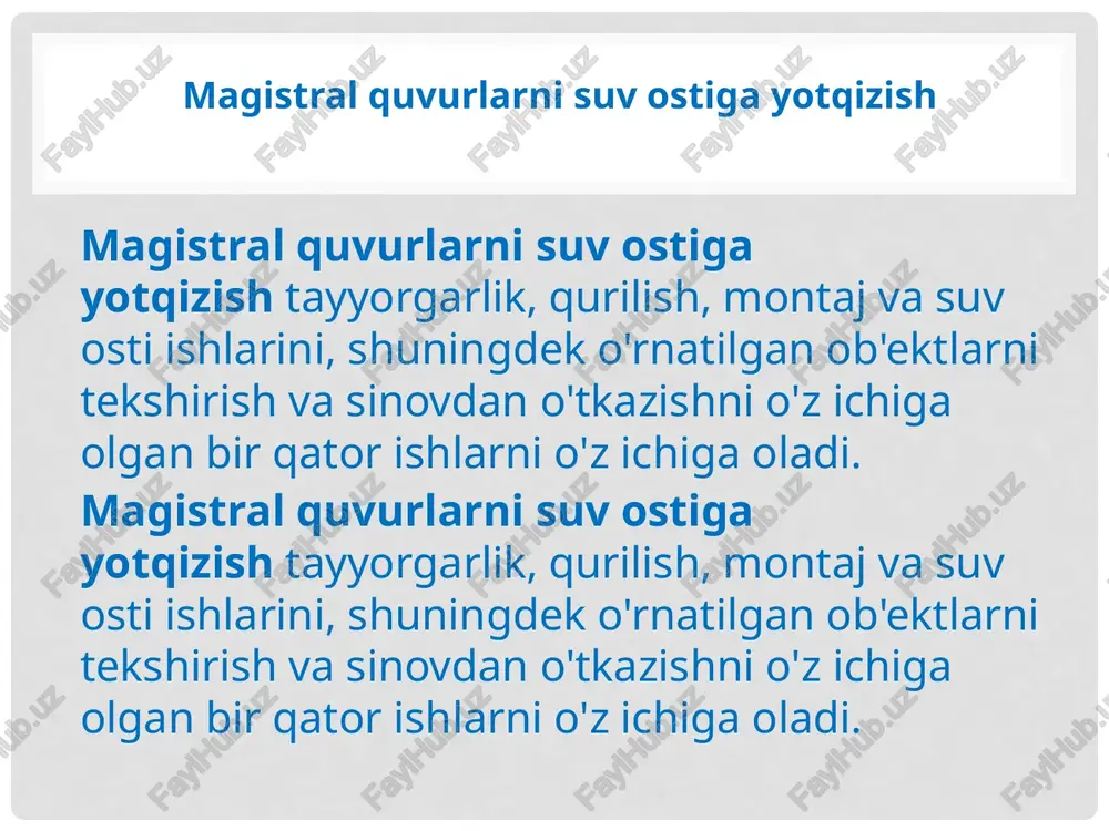 iya va germaniya gaz transporti tizimlarini bogʻladi. yana bir misol - volga bo'ylab uxta-yaroslavl neft quvurining suv osti o'tish joyini rekonstruksiya qilish . 1975-yilda barpo etilgan mavjud o‘tish joyi yangisiga almashtirilmoqda. chorrahadagi suv to‘sig‘ining kengligi 820 m dan ortiq, yangi chorrahaning uzunligi asosiy chiziq bo‘ylab 1756 m, zaxira chiziq bo‘ylab 1749 m xulosa hozirgi vaqtda suv osti o'tish joylarini qurishda katta imkoniyatlarga ega bo'lgan ikkita usulni ajratib ko'rsatish mumkin: pirsing va gorizontal yo'nalishli burg'ulash. ikkala usul ham ijobiy va salbiy xususiyatlarga ega. ammo bularning barchasiga qo'shimcha ravishda, gorizontal burg'ulash quvur liniyasining holatini kuzatish va joylashishni aniqlash tizimidan foydalangan holda burg'ulash asbobining harakatini nazorat qilish qobiliyati tufayli katta afzalliklarga ega. e'tiboringiz uchun rahmat image2.jpeg image3.png image4.jpg image5.jpg image6.jpg image7.png image8.gif renmneab et =| > 2enonmewe {f= 4 ese aad ddo ot 2 ax puce. 25. yeranoska ckb taapmoc- ctpos 7—hoxk; 2—satax- had kahathad netas; 3—ponukn; 4—co- bok; 5 — cunospaa betbb …