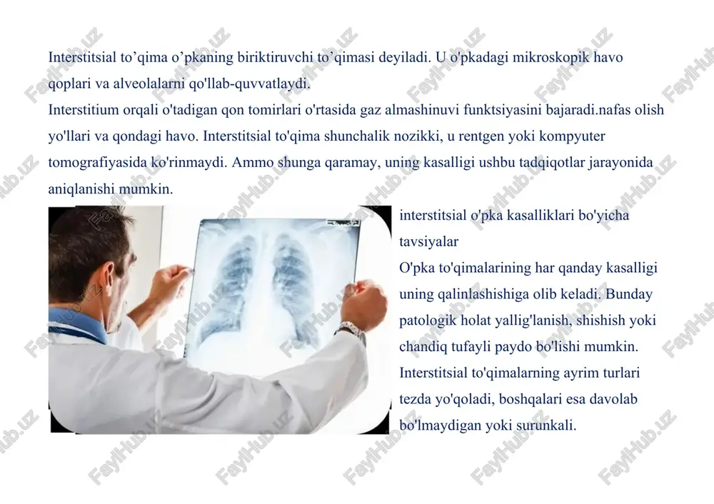 o'qimalarning shikastlanish turiga qarab tanlanishi kerak. interstitsial o'pka kasalliklari tasnifi ild uchun eng keng tarqalgan davolash usuli bu antibiotiklardir. bunday vositalar bakterial interstitsial pnevmoniyaning ko'p turlari uchun samarali. virusli pnevmoniyaga kelsak, qoida tariqasida, u o'z-o'zidan o'tib ketadi. antibiotiklar bilan davolash kerak emas. shuni ham ta'kidlash kerakki, qo'ziqorinli pnevmoniya kabi noyob kasallik faqat maxsus antifungal preparatlar bilan yo'q qilinadi. ildni davolashda ishlatiladigan yana bir dori turi kortikosteroidlardir. bunday dorilar nafaqat o'pkada, balki tananing boshqa qismlarida ham yallig'lanish jarayonini yo'q qiladi. aytgancha, ko'rib chiqilayotgan kasallikni davolash uchun ishlatiladigan boshqa vositalar faqat o'pkaning shikastlanishini, shuningdek, ularning ishini yomonlashtirish jarayonini sekinlashtirishi mumkin. shuningdek, ular yallig'lanishni kamaytirish uchun odamning immunitet tizimini bostiradi, bu esa boshqa sog'liq muammolariga olib keladi. kimligi past odamlarqon tizimidagi kislorod miqdori, mutaxassislar maxsus qurilmalar orqali kislorodni nafas olishni maslahat berishadi. bunday muolajalar bemorning umumiy ahvolini yaxshilashga yordam beradi, shuningdek, yurak mushaklarining o2 ga bo'lgan ehtiyojini to'ldiradi. shuni ham ta'kidlash kerakki, ba'zi …