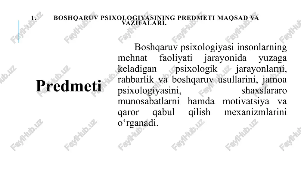 orqali, avtomobil ishlab chiqarishga ketadigan vaqtni 20 martaga kamaytirdi va nafaqat amerika, balki keyinchalik butun jahon avtomobil bozorini ishg„ol qildi. klassik menejment maktabi yoki boshqaruvda klassik (ma‟muriy) maktab (1920–1950) a. fayol ushbu yondashuv a. fayol nomi bilan bog„liq bo„lib, 1920–1950-yillarda bunga oid g„oyalar boshqaruvda keng miqyosda tatbiq etila boshlandi. a. fayol alohida mehnat elementlarini emas, balki tashkilotni yaxlit tuzilma sifatida qaraydi va tashkilotni ratsional boshqarish tamoyillari, boshqaruv funktsiyalari, boshqaruv tizimi kabilarni takomillashtirgan holda mehnat samaradorligini oshirishga erishdi. psixologiya va insoniy munosabatlar maktabi (neoklassik maktab) (1930–1950) elton meyo 1924-yildan boshlab insoniy munosabatlar maktabi ham rivojlana boshladi. bu yondashuvning asosi va birlamchi manbaalari amerikalik psixolog elton meyoning “xotorn tajribalari‟ga borib taqaladi. “western electric” kompaniyasida o„tkazilgan tajribalarda, sex ishchilariga e‟tiborli bo„lish, ularning manfaatlari haqida g„amxo„rlik qilish natijasida mehnat unumdorligini oshirishga erishilgan. bunday munosabat ishchilar tomonidan rag„batlantiruvchi omil sifatida qabul qilingan va ijobiy munosabatlarni shakllantirish asosida mehnat unumdorligi oshgan. image2.png image3.png image4.png image5.png image6.png …
