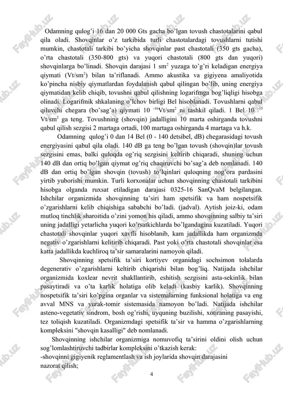 ko’zda tutilgan. shuning uchun bunday sexlarda odatda qish kunlari havo harorati 7-13oc atrofida, havoning namligi esa 85% gacha yetadi, havoning harakati tezligi ko’pincha 1 m/sekdan yuqori bo’ladi. bunday mikroiqlim sharoitlari har qanday toifadagi ishchilar uchun nomuvofiq hisoblanadi. bu sharoit og’ir jismoniy ishlarni bajaruvchi ishchilar organizmiga sovituvchi ta’sir ko’rsatadi. organizmni sovishining eng oxirgi darajasi - muzlash holatlari faqat yuqori havo harakati bilan kuzatiladigan manfiy haroratlardagina kuzatilishi mumkin (mas, ochiq havoda ishlash). ammo, manfiy haroratga ega bo’lmagan sovituvchi mikroiqlimning uzoq muddat davomida ta’sir etishi ishlab chiqarish muhitining muhim omili hisoblanib, shamollash kasalliklari (o’tkir respirator kasalliklar, anginalar, radikulitlar) va ginekologik kasalliklarning kelib chiqishiga sharoit yaratadi. shunga bog’liq holda keltirilgan kasallik shakllari yilning sovuq fasllarida ko’pgina korxonalar uchun xarakterli hisoblanadi. bu kasalliklarning kelib chiqmasligini oldini olish uchun korxonalardagi mikroiqlimni yaxshilash katta ahamiyatga ega. agar sexlar yopiq bo’lsa, talab etiladigan mikroiqlim sharoitini markazlashtirilgan isitish tizimi orqali amalga oshirish mumkin. “ochiq” sexlarda esa (eshiklari katta bo’lgan …