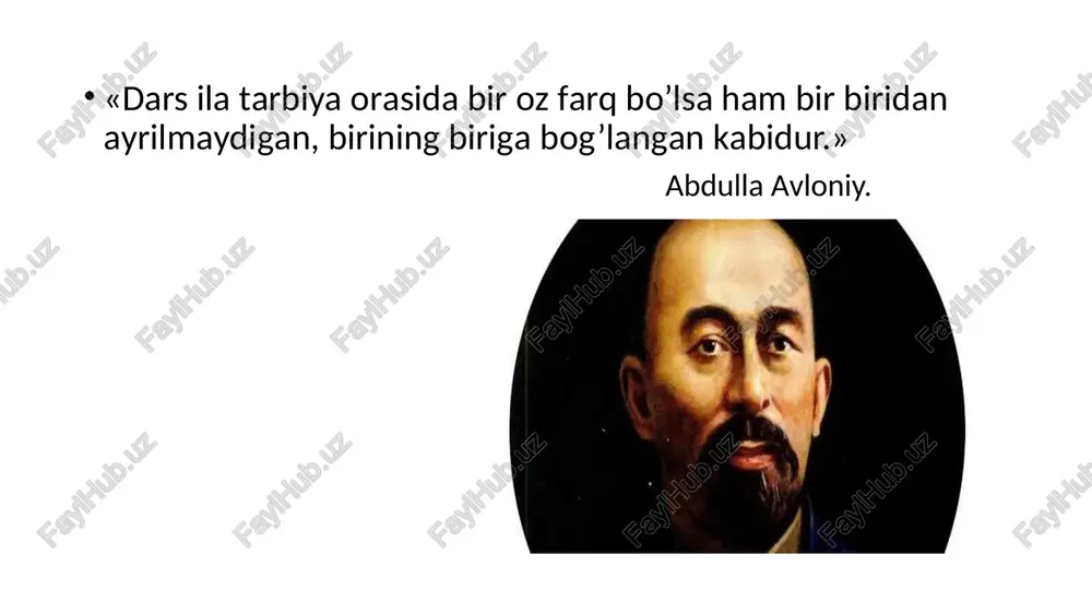 rli sohalarda joriy qilib ko’rish;insonparvarlik odobi me‘yorlarini shakllantirish (bir –birini tushinadigan, mehribon, shafqatli, irqiy kamsitishlarga yo’l qo’ymaslik), muomala odobi kabi tarbiya vositalaridan kengroq foydalanish:tarbiyada tarbiyalanuvchi shaxsini oliy ijtimoiy qadriyat deb tan olinishi, har bir shaxs, o’smir va yosh yigit-qizning betakror va o’ziga xosligini e‘tiborga olish;amalda tarbiyaviy jarayon yaxlit va uzluksizligiga hamda turli yoshdagi tarbiyalanuvchilarni qamrab olishiga alohida ahamiyat berish: o’smir yigit va qizlar nafaqat bo’lg‘usi katta hayotga tayyorgarlik ko’radilar, balki ana shu haqiqiy hayot bilan yashaydilar, shu bois ularni aniq hayotga tayyorlash kabilar. foydalanish:tarbiyada tarbiyalanuvchi shaxsini oliy ijtimoiy qadriyat deb tan olinishi, har bir shaxs, o’smir va yosh yigit-qizning betakror va o’ziga xosligini e‘tiborga olish;amalda tarbiyaviy jarayon yaxlit va uzluksizligiga hamda turli yoshdagi tarbiyalanuvchilarni qamrab olishiga alohida ahamiyat berish: o’smir yigit va qizlar nafaqat bo’lg‘usi katta hayotga tayyorgarlik ko’radilar, balki ana shu haqiqiy hayot bilan yashaydilar, shu bois ularni aniq hayotga tayyorlash kabilar. 2.tarbiya haqida tushuncha. tarbiya maqsadi: tarbiya jarayonining …