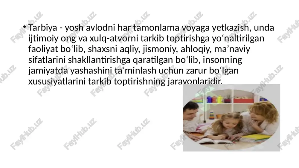 ; - tarbiyaviy ish va tadbirlar uchun zarur boʻlgan metodlarni tanlab, koʻzlangan maqsadga erishish chora-tadbirlarini koʻra bilish ; - ilgʻor tajribalarni tahlil qilish va uni oʻz faoliyatida ijodiy foydalanish ; - tarbiyaviy ishlarning oʻquvchilar ruhiyatiga qanchalik ijobiy ta’sir etganini kuzatib, uni yanada rivojlantirish va takomillashtirish ; - tarbiyaviy ishlar samaradorligini oshirishda oʻz bilimini doimiy rivojlantirib borishi lozim. darsda va darsdan tashqari mashgʻulotlarda tarbiyaviy ishlarni tashkil etish bilan birga dts lariga mosligiga e’tibor qaratish zarur boʻladi. 1. tarbiyaviy ishlar jarayonida barkamol avlodni tarbiyalash muhim oʻrin tutadi. aniq maqsadga qaratilgan tarbiya ishida jamoaga va ba’zi bir talablarga ta’sir qilishini tashkil etish tarbiyaviy ishlarning asosini belgilaydi. 2. tarbiyaviy ishlarning asosiy jihati barkamol avlodni har tomonlama kamol topishini hisobga olgan holda ularning tarbiyaviy jihatiga e’tiborni qaratish zarur boʻladi. shuning uchun oʻqituvchi va tarbiyachilar yoshlar bilan tarbiyaviy ishlarni barkamol shaxs – bu adolatli, vijdonli, iymon-e’tiqodli, mehr-muruvvatli, irodali, or-nomusli, matonatli va chidamli, erkin fikrlovchi, oʻz xalqining …