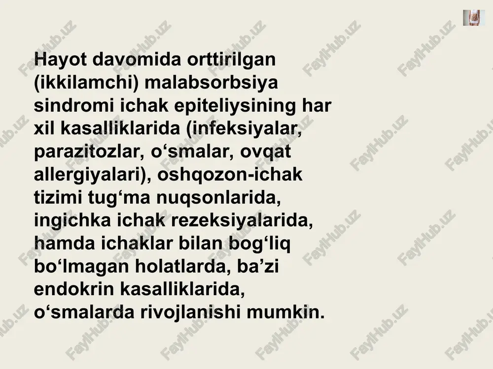 yakunlanadi. bunday klinik manzara bolalarning birinchi xaftalik xayotidan boshlanishi mumkin. tashxisi tashxis surunkali bronx-o’pka jarayonning mavjudligi, odatdagi ichak sindromi, aka -uka va opa –singillarda uchraganlik holatlari va ter sinamasining ijobiy natijasi: xlorid miqdori 60 mmol/l va undan yuqori, xlor va natriy o'rtasidagi farq 10 mmol/l dan oshmasligi kerak. ter namunasi kamida 100 mg bo'lishi kerak. qiyosiy tashxis: seliakiya, favalli-girshprung kasalligi, disaxaridazalar etishmovchiligi, ekssudativ enteropatiya, disbakterioz, nospetsefik yarali kolitlar bilan qiyoslanadi davosi: 1.chaqaloklarda rivojlanuvchi mekonial ileus (ichak tutilishi) holati jarroxlik yo‘li bilan tashrixiy davolanadi. 2. parxez taomlar tavsiya qilish: ovqatliklar vitaminlarga boy va yo‘qotilayotgan natriy va xlorni -qoplashga qaratilishi, oqsillarga boy (5 g/kg gacha) bo‘lishi va yog‘lar cheklanishi (iloji boricha o‘simlik yog‘laridan tashkil topishi) kerak. 3.ferment preparatlari va vitaminlar tavsiya qilinadi: pankreatin 1,5 grammgacha 3 – 4 marta, vitaminlardan a, v, d, e, k guruxi vitaminlari tavsiya etiladi 4. bronx-o‘pka turidagi mukovissidozni davolashda nafas yullaridagi balg‘amni suyultirish, ularni tashqariga chiqarish masalasiga …