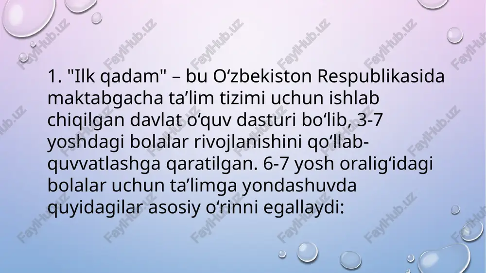 a asoslanish dastur davlat maktabgacha ta’lim standarti va tasdiqlangan o‘quv dasturlari (masalan, "ilk qadam", "ilm yo‘li", "bolajon", va boshqalar) asosida tayyorlanadi. dastur bolalarning yosh va individual rivojlanish xususiyatlarini hisobga olishi shart. 2. ta’lim maqsadini aniq belgilash umumiy maqsad: bolaning har tomonlama rivojlanishini ta’minlash. maxsus maqsadlar: har bir o‘quv sohasiga (til va nutq, matematik tasavvur, jismoniy rivojlanish, tasviriy san'at, ijtimoiy-madaniy rivojlanish va h.k.) alohida maqsadlarni belgilash. 3. o‘quv yo‘nalishlarini to‘g‘ri tanlash dastur quyidagi asosiy rivojlantiruvchi yo‘nalishlarga tayanadi: til va nutq rivojlantirish matematik tasavvur asoslari atrof-muhitni o‘rganish jismoniy tarbiya va sog‘lom turmush tarzi san’at va musiqa faoliyati ijtimoiy-emotsional rivojlanish 4. o‘yin va amaliy faoliyatni asosiy shakl sifatida belgilash mashg‘ulotlar va faoliyatlar bolalar uchun o‘yin shaklida, qiziqarli va faol ishtirok etishga undaydigan tarzda tashkil qilinishi kerak. 5. individual va differensial yondashuvni ta’minlash har bir bolaning o‘z rivojlanish sur'ati, qiziqishi va qobiliyatlari inobatga olinishi kerak. zarur bo‘lsa, rivojlanishida qiyinchilik bo‘lgan bolalar uchun qo‘shimcha dasturlar …