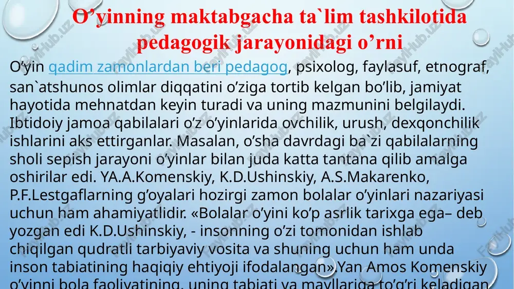 iy jihatlaridan biridir. 4. aqliy faoliyatni faollashtiradi didaktik o‘yinlarda bolaga turli muammolarni hal qilish, solishtirish, guruhlash, xulosa chiqarish kabi topshiriqlar beriladi. bu uning mantiqiy fikrlash qobiliyatini rivojlantiradi. 5. muloqot ko‘nikmalarini oshiradi ko‘pchilik ishtirokidagi didaktik o‘yinlar bolani guruhda ishlashga, navbat kutishga, boshqalar fikriga quloq solishga o‘rgatadi. bu esa maktabdagi jamoaviy faoliyatga tayyorlaydi. o‘yinlarning asosiy turlari: ijodiy (rolli) o‘yinlar — masalan, "doktorlik", "oila", "o‘qituvchi-o‘quvchi" kabi rollarga kirish orqali bolalar ijtimoiy muhitni o‘rganadilar. didaktik o‘yinlar — ma’lum bir bilim, ko‘nikma yoki malakani shakllantirish uchun mo‘ljallangan (masalan, harflarni topish, shakllarni tanlash). harakatli o‘yinlar — yugurish, sakrash, to‘p o‘yinlari kabilar jismoniy rivojlanishga xizmat qiladi. konstruktiv o‘yinlar — qurish, yaratish (masalan, lego, qurilish kublari bilan o‘ynash). mantiqiy va stol o‘yinlari — fikrlash, strategik rejalashtirish, sabr-toqatni oshiradi (masalan, domino, shashka, dam olish o‘yinlari). o‘yinning bola rivojiga ta’siri: aqliy rivojlanish: tafakkur, xotira, e’tibor, tasavvur kabi qobiliyatlarni kuchaytiradi. jismoniy rivojlanish: harakatlar orqali mushaklar, koordinatsiya, chaqqonlik rivojlanadi. ijtimoiy rivojlanish: muloqot …