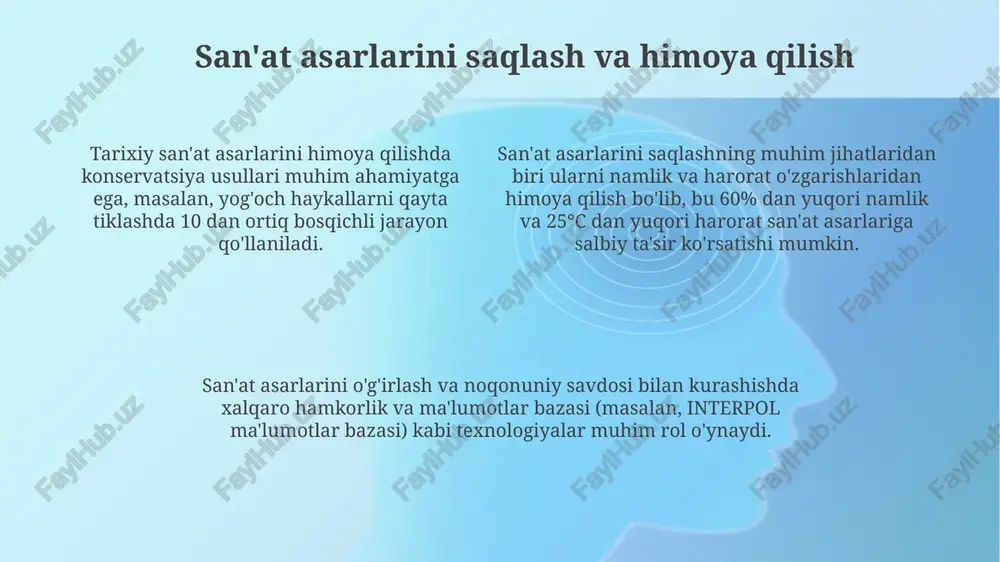 rini boyitishda muhim rol o'ynaydi va turli madaniyatlarni o'zaro bog'laydi. ranglar, shakllar va kompozitsiyalar orqali ifodalanadigan estetik prinsiplar, san'at asarlarida 5 dan ortiq hissiy ta'sirlarni uyg'otish orqali, inson qalbini boyitadi va ruhiy dunyosini kengaytiradi. zamonaviy san'at va uning ta'siri konseptual san'at kabi zamonaviy san'at yo'nalishlari ijtimoiy va siyosiy masalalarni ko'tarish orqali 50 dan ortiq turli ijtimoiy guruhlarning fikrlarini ifoda etib, estetik tajribani kengaytiradi va muhokamalarni qo'zg'atadi. multimedia texnologiyalarining rivojlanishi tufayli, zamonaviy san'at asarlari 3d modellashtirish, vr va ar texnologiyalari orqali yangi estetik imkoniyatlarni ochib, 100 millionlab tomoshabinlarga noyob tajriba taqdim etadi. zamonaviy san'atning 20-asrning ikkinchi yarmidan boshlab global miqyosda 1000 dan ortiq muzey va galereyalarda namoyish etilishi, uning ommaviy madaniyatga ta'sirini va estetik qadriyatlarini kengaytirishini ko'rsatadi. san'at va insoniyat madaniyati san'at asarlari insoniyat madaniyatining 5000 yildan ortiq tarixini aks ettiradi, turli xalqlarning an'analarini, qadriyatlarini va dunyoqarashini namoyon etadi. san'atning insoniyat madaniyatiga qo'shgan hissasi ijodiy ifoda vositalari sonining ko'payishi va turli …