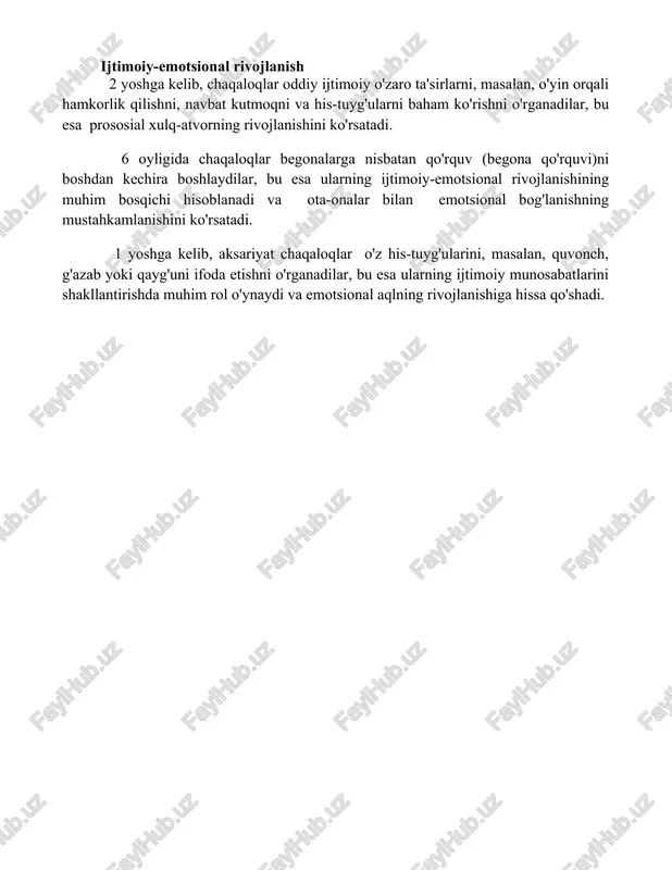 vbat kutmoqni va his-tuyg'ularni baham ko'rishni o'rganadilar, bu esa prososial xulq-atvorning rivojlanishini ko'rsatadi. 6 oyligida chaqaloqlar begonalarga nisbatan qo'rquv (begona qo'rquvi)ni boshdan kechira boshlaydilar, bu esa ularning ijtimoiy-emotsional rivojlanishining muhim bosqichi hisoblanadi va ota-onalar bilan emotsional bog'lanishning mustahkamlanishini ko'rsatadi. 1 yoshga kelib, aksariyat chaqaloqlar o'z his-tuyg'ularini, masalan, quvonch, g'azab yoki qayg'uni ifoda etishni o'rganadilar, bu esa ularning ijtimoiy munosabatlarini shakllantirishda muhim rol o'ynaydi va emotsional aqlning rivojlanishiga hissa qo'shadi. 📌xulosa go'dak psixologik rivojlanishi uning keyingi hayot sifatini belgilaydigan muhim jarayon bo'lib, erkin va mustaqil shaxs sifatida shakllanishida asosiy rol o'ynaydi. erta yoshdagi tajribalar bolaning kelajakdagi xulq-atvoriga va shaxsiyatiga sezilarli ta'sir ko'rsatadi. 📚foydalanilgan adabiyotlar 1. piaget, j. (1952). bolalar psixologiyasi. (child psychology). 2. erikson, e. h. (1963). bolalik va ijtimoiy rivojlanish. (childhood and social development). 3. bowlby, j. (1969). ona bilan bogʻliqlik. (attachment and loss). 4. ainsworth, m. d. s., blehar, m. c