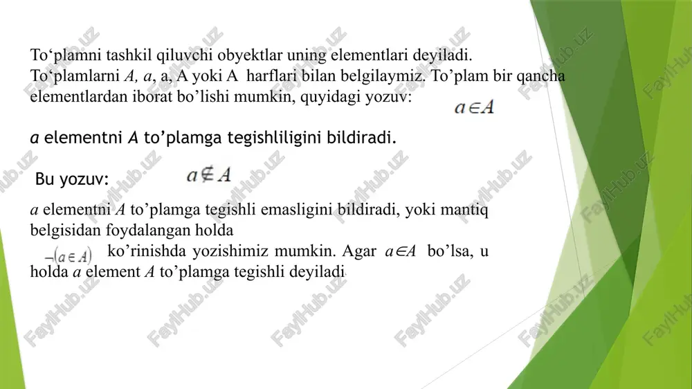5; 6; 7} bo‘lsa, ularning dekart ko‘paytmasi: ={(1; 3; 5), (1; 3; 6), (1; 3; 7), (1; 4; 5), (1; 4; 6), (1; 4; 7), (2; 3; 5), (2; 3; 6), (2; 3; 7),(2; 4; 5),(2; 4; 6),(2; 4; 7)}. to‘plamlarninq dekart ko‘paytmasida ushbu munosabatlar o‘rinli. xulosa qilib aytganda, to‘plamni sinflarga ajratishning ikkita sharti bor ekan: 1) qism to‘plamlar (sinflar) umumiy elementga ega bo‘lmaydi; 2) barcha qism to 'plamlar {sinflar) birlashmasi be-rilgan to‘plamga teng. demak, to‘plam sinflarga ajratilgan bo‘lsa, uning har bir elementi albatta biror sinfga tegishli bo‘ladi. to`plamlar ustida amallar bajarish mumkin bo`lish sharti agar qaralayotgan to’plamlarning barchasi biror u to’plamning qism to’plamlaridan iborat bo’lsa, u to’plamga universal to’plam yoki universum deyiladi. masalan, sonlar nazariyasida c kompleks sonlar to’plami universal to’plam bo’ladi. analitik geometriyada esa tekislik barcha koordinata juftliklar to’plami uchun universum bo’ladi. masalan, sonlar nazariyasida c kompleks sonlar to’plami universal to’plam bo’ladi. analitik geometriyada esa tekislik barcha koordinata …