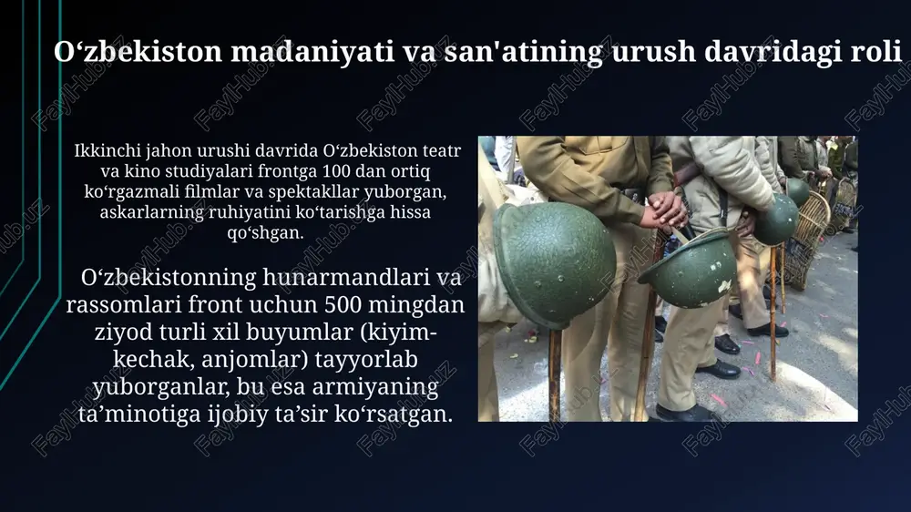 ‘yicha muvaffaqiyatli amaliyotlar qo‘llanilgan. urush yillarida o‘zbekistondagi shifokorlar va tibbiyot xodimlarining sonini 40% ga ko‘paytirildi, bu esa yaradorlarga samarali tibbiy xizmat ko‘rsatishni ta'minlashga yordam bergan. o‘zbekistonning qishloq xo‘jaligi va oziq-ovqat ta'minoti urush yillarida o‘zbekistonda 500 ming gektardan ortiq yer maydonida bug‘doy ekildi, bu mamlakatning oziq-ovqat ta'minotiga sezilarli hissa qo‘shdi. o‘zbekistonning chorvachilik mahsulotlari, jumladan, 2 million tonnadan ortiq go‘sht va sut mahsulotlari frontga va orqa tomonga yuborildi, bu askarlarni ta'minlashda muhim rol o‘ynadi. tarixiy hujjatlar va guvohliklar o‘zbekiston ahlining frontga yuborgan yordami – oziq-ovqat, kiyim-kechak va tibbiyot buyumlari miqdori haqidagi batafsil ma’lumotlarni aks ettiruvchi statistik hisobotlar mavjud. urush davrida frontga yuborilgan otlar soni, ularning harbiy operatsiyalardagi ahamiyati va bu haqda yozilgan harbiy xronikalar mavjud. e'tiboringiz uchun rahmat @taqdimot_robot image1.jpg image2.jpg image3.jpg image4.jpg image5.jpg image6.jpg image7.jpg image8.jpg image9.jpg image10.jpg image11.jpg image12.jpg image13.jpg image14.jpg image15.jpg image16.jpg image17.jpg oe