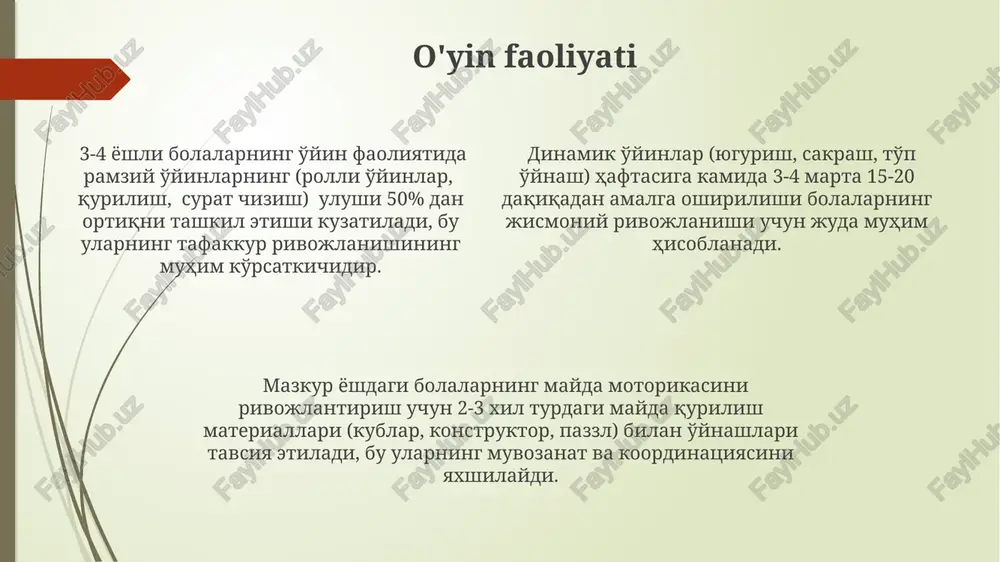 anadi va 10 ta rasmni ko'rsatilgandan so'ng 5-7 tasini eslashi mumkin. 3-4 yoshli bolalarda kategoriyalash va tasniflash ko'nikmalari rivojlanadi, masalan, 5 ta o'yinchoqni rangi yoki shakliga ko'ra guruhlashtirishi mumkin. jismoniy rivojlanish mazkur yoshdagi bolalarning mayda va yirik motorli ko'nikmalari yaxshilanadi: ular mustaqil yugurishlari, sakrashlari, tepkilashlari va mayda buyumlarni ushlashlari mumkin. 3-4 yoshli bolalarning muvozanatlari yaxshilanadi, ular bir oyoqda 5-10 soniya turishlari va oddiy raqslarni bajarishlari mumkin. 3-4 yoshli bolalarda o'rtacha bo'yi 90-100 sm, vazni esa 13-16 kg ga etadi, bu esa genetik va ovqatlanish omillariga bog'liq. mustaqillik ko'nikmalari o'z-o'zini boshqarish ko'nikmalarining rivojlanishida, 3-4 yoshli bolalarning 60% dan ortig'i oddiy topshiriqlarni mustaqil bajarishlari, masalan, o'yinchoqlarini yig'ishtirishlari yoki kitoblarini joy-joyiga qo'yishlari kuzatiladi. mustaqil harakatlanish ko'nikmalari rivojlanishida, 3-4 yoshli bolalarning 90% dan ortig'i mustaqil yurish, yugurish, sakrash va boshqa oddiy harakatlarni bajarishlari kuzatiladi, muvozanatni saqlash malakalari yaxshilanib boradi. 3-4 yoshli bolalar o'z-o'ziga xizmat ko'rsatish ko'nikmalarida sezilarli yutuqlarga ega bo'lib, 70-80% holatlarda o'zlari eb-ichishlari, …