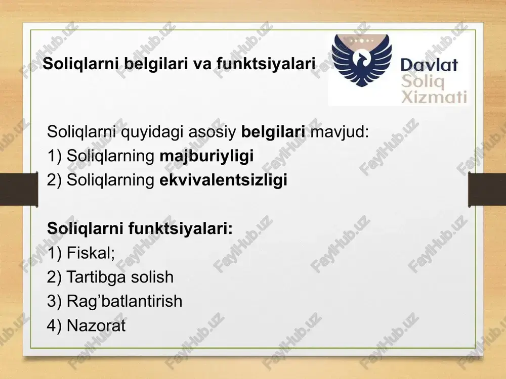 i bo’yicha guruhlarga ajratib o’rganish mumkin. soliqlarni guruhlash orqali ularni xususiyatlari, mohiyati va ahamiyati ochib beriladi. soliqlar ob’ektiga ko’ra daromaddan, oborotdan va mol-mulk qiymatidan olinadigan soliqlarga bo’linadi. - qo’shilgan qiymat solig’i; - aksiz solig’i; - bojxona to’lovlari; - transport vositalariga benzin, dizel yoqilg’isi va gaz ishlatganlik uchun olinadigan soliq soliqlarni ob’ektiga qarab guruhlanishi oborotdan olinadigan soliqlar daromaddan olinadigan soliqlar mol-mulk qiymatidan olinadigan soliqlar - yuridik va jismoniy shaxslarning mol-mulkiga solinadigan soliq; - yuridik va jismoniy shaxslardan olinadigan yer solig’i - yuridik shaxslardan olinadigan foyda solig’i; - jismoniy shaxslardan olinadigan daromad solig’i; - obodonlashtirish va ijtimoiy infratuzilmani rivojlantiish solig’i soliqlar va boshqa majburiy to’lovlarni guruhlanishi soliqlar iqtisodiy mohiyatiga, to’lovchi bilan davlatning o’zaro munosabatlariga bevosita yoki bilvosita bog’liqligiga ko’ra to’g’ri va egri soliqlarga bo’linishiga doir zamonaviy yondashuvga muvofiq, to’g’ri soliqlar to’g’ridan-to’g’ri daromadga va mol-mulkka qaratiladi (soliqqa tortishning bevosita shakli). tovarning bahosida to’lanadigan yoki tarifga kiritiladigan tovarlar va xizmatlardan olinadigan soliqlar egri soliqlarga …