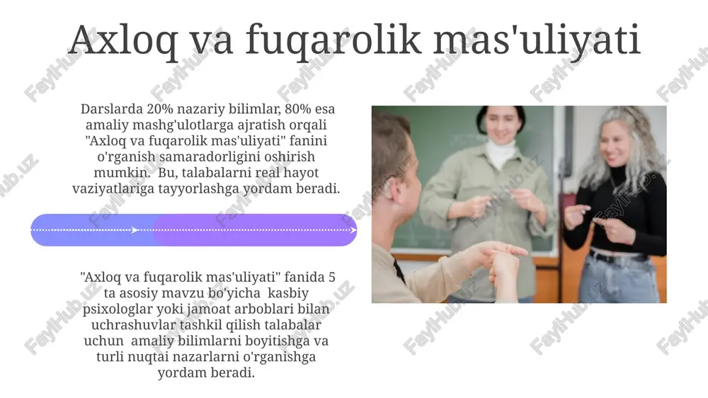 ta'sir ko'rsatadi. axloqiy dilemmalarni tahlil qilish 9-11-sinflarda axloqiy dilemmani tahlil qilishda 3 ta asosiy yondashuv (utilitarizm, deontologiya, adolat)ni taqqoslash orqali talabalarning tanqidiy fikrlash qobiliyatini rivojlantirish mumkin. ro'yxatdagi 10 ta axloqiy dilemma misolini tahlil qilish orqali talabalar turli xil vaziyatlardagi axloqiy tamoyillarni qo'llashni o'rganadilar. adabiyot va san'at orqali axloqni o'rgatish 9-11-sinflarda adabiyot asarlaridagi 3 ta asosiy qahramonning xatti-harakatlari va ularning oqibatlari tahlili orqali axloqiy qarashlarni shakllantirish samarali usul hisoblanadi. rasmlar, musiqa va teatr spektakllari orqali 2 ta axloqiy qiymatni (masalan, halollik va mehr-oqibat) namoyish etish, o'quvchilarga emotsional ta'sir ko'rsatib, ularning ongiga chuqurroq singdirish imkonini beradi. jamoaviy ishlar va loyihalar jamoaviy loyihalar orqali o‘quvchilar 3-5 kishilik guruhlarda axloqiy muammolarni tahlil qilish, turli nuqtai nazarlarni muhokama qilish va echimlarni taklif qilish kabi ko‘nikmalarni rivojlantirishlari mumkin. baholash mezonlari sifatida jamoaviy ishlarning sifatini, har bir ishtirokchining hissasini va taqdimotning aniqligi kabi 3 ta asosiy ko‘rsatkichni qo‘llash mumkin, bu esa o‘quvchilarning javobgarlik tuyg‘usini oshiradi. e'tiboringiz uchun …