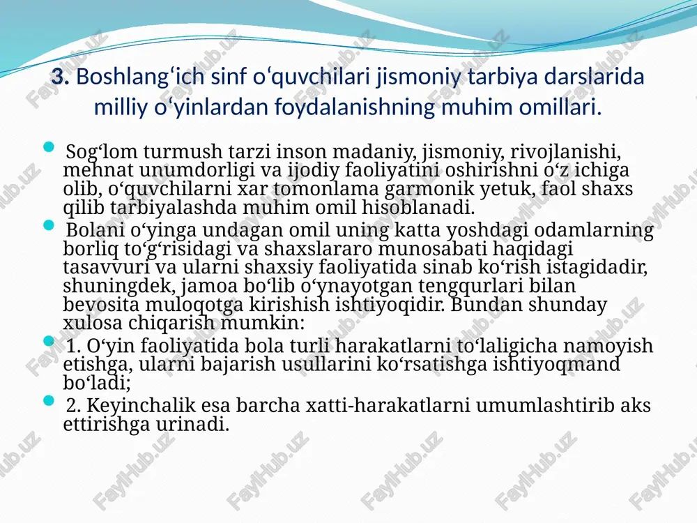 ari boshlanishidagi optimal oraliqlararo munosabat optimal sur’atga bo‘ysunish lozimligini ko‘rsatadi. 3. harakatli o‘yinlarni me’yorlash. pedagogik tadqiqot jarayonida olgan natijalarni taxlil kilish shuni ko‘rsatadiki, milliy xarakatli o‘yinlarni hamma fazilatlar, qobilyatlar, sifatlarni tarbiyalash bilan bir qatorda aqliy va harakat ko‘nikma hamda malakalarining shakllanishida asosiy o‘rinlarni egallaydi. milliy o‘yinlar 7-8 yoshli bolalarga mo‘ljallangan jismoniy tarbiya dasturidagi mashqlar bilan qo‘shilib borilganda jismoniy sifatlar rivojlanishi aniqlandi. tajriba xalq milliy o‘yinlarni jismoniy tarbiya darslariga kiritish uchun: -ularni turkumlarga bo‘lish; -jismoniy sifatlarini rivojlantirishiga qarab tanlanishni; -yilning fasllarida qo‘llaniladigan o‘yinlarni aniqlash zarurligini isbotladi; xulosa. 1. adabiyotlar tahlili shuni ko‘rsatadiki, milliy xarakatli o‘yinlarni hamma fazilatlar, qobiliyatlar, sifatlarni tarbiyalash bilan bir qatorda aqliy va harakat ko‘nikma hamda malakalarining shakllanishida asosiy o‘rinlarni egallaydi. 2. milliy o‘yinlar 7-8 yoshli bolalarga mo‘ljallangan jismoniy tarbiya dasturidagi mashqlar bilan qo‘shilib borilganda jismoniy sifatlar rivojlanishi aniqlandi. 3. tajriba xalq milliy o‘yinlarni jismoniy tarbiya darslariga kiritish uchun: -ularni turkumlarga bo‘lish; -jismoniy sifatlarini rivojlantirishiga qarab tanlanishni; -yilning fasllarida …