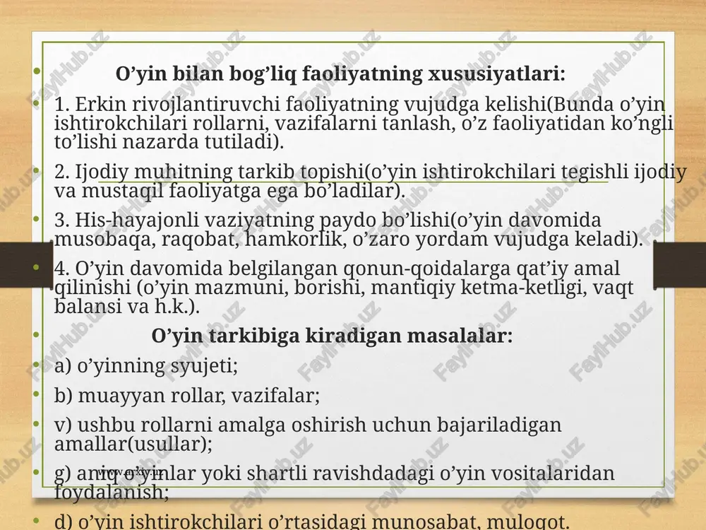 chining kirish so’zi. bunda o’qituvchi dars mavzusi, maqsadi va vazifalari, tegishli rollarni bajaruvchi “olimlar” bilan tanishtiradi. ii. ilmiy ma’ruzalarni tinglash. “olimlar” mavzu yuzasidan tayyorlagan ma’ruzalarini ko’rgazmali qurollar asosida bayon etadilar. iii. ma’ruzalar muhokamasi. bunda “olimlar” va boshqa ishtirokchilar o’rtasida mavzu yuzasidan bahs-munozara o’tkaziladi. iy.ilmiy konferentsiya yakuni. o’qituvchi mavzu yuzasidan eng muhim tushuncha va g’oyalarni ta’kidlab, yakunlaydi. y. o’quvchi(talaba)larni baholash. darsda faol ishtirok etgan o’quvchi(talaba)lar rag’batlantiriladi va reyting tizimiga muvofiq baholanadi. yi. uyga vazifa berish. yii. darsni umumiy yakunlash. www.arxiv.uz www.arxiv.uz eo * (wodiy o 'yinlar: lc 7s t 4zdars@unlijtovushlanvajharflar "so'z tuz” o*yint harflardan katakchalardagi so‘zlar tuzing, @v tekshirish foydalanib