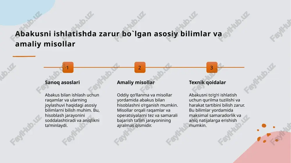a foydalanish muhim, chunki u matematika tushunchalarini mustahkamlaydi. funktsional imkoniyatlar sanoq cho`plarining dizayni va qismlari hisoblash jarayonini samarali qilish uchun mo'ljallangan. ular bilan ishlash orqali bolalar va yoshlar matematik ko'nikmalarini rivojlantiradilar. sanoq cho`plarining turlari va ularning matematik jarayondagi roli. 1 turlari va xilma-xilligi sanoq cho`plarining turlari matematik jarayonda muhim rol o'ynaydi. har bir tur uning dizayni va funksiyasiga qarab, maxsus vazifalarni bajaradi, hisoblashda yordam beradi. 2 matematik vazifalar uchun moslik turli sanoq cho`plari, masalan, oddiy va murakkab, har xil matematik amallar uchun mo'ljallangan. ular hisoblash jarayonini soddalashtirib, aniq natijalarga erishishga yordam beradi. 3 tarixiy va madaniy ta'sir sanoq cho`plarining turlari va ularning vazifalari, madaniy va tarixiy omillarga bog'liq bo'lib, ularning rivojlanishi va dizayni xalq madaniyatiga moslashgan. xulosa 1 abakusning tuzilishi va asosiy qismlari abakus odatda ramka, sharchalar va simlardan tashkil topgan. bu dizayn hisoblash jarayonini soddalashtiradi va uzoq muddatli foydalanishga mos keladi. 2 sanoq cho‘plarining turlari va funktsiyalari sanoq cho‘plari …