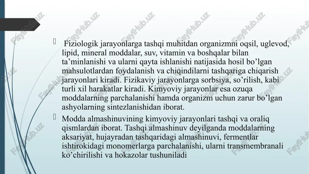 turasi va funksiyasi tirik tabiat iyerarxiyasida hujayraviy pogʻonaning mavjudligi haqidagi tushunchalarning shakllanishiga olib keldi. zamonaviy hujayra nazariyasi koʻp hujayrali organizmlarni muayyan vazifani bajaradigan va bir-biriga taʼsir koʻrsatib turadigan hujayralardan tashkil topgan murakkab, integ-ratsiyalashgan sistema sifatida eʼti-rof etadi. organizm qancha murakkab tuzilgan boʻlsa, uning bir butunligi shuncha aniq namoyon boʻladi. hujayraning asosiy strukturaviy elementlari shakllangan yadroga ega boʻlgan eukariot organizmlar hamda yadrosiz prokariotlar uchun ham tegishli. mustaqil hayot kechirishga moslashmagan hujayra parazitlari hisoblangan viruslarning mavjudligi tirik organizmlarning hujayraviy tuzilishi universal ekanligini koʻrsatadi. tirik organizmlar hujayraviy tuzilishining mushtarakligi hujayralarning kimyoviy tarkibi va metabolitik jarayonlarning oʻxshashligi bilan ham tasdiqlanadi. nuklein kislotalar va oqsillar kabi muhim hayotiy komponentlar, ularning hosil boʻlishi va almashinib turishi barcha tirik organizmlar hujayralari uchun universal xarakterga ega. keyingi 150 yildan ortiqroq davr mobaynida hujayrani oʻrganish yanada chuqurlashib bordi. hujayradagi barcha asosiy organoidlarning maʼlum vazifani bajarishga moslashganligi aniqlandi; elektron mikroskop yordamida hujayraning yanada nozikroq boʻlgan ultrastrukturalari oʻrganildi; ularning molekulyar tuzilishi …