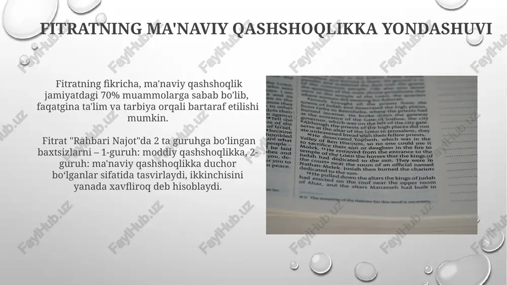 viy orzularga bo'ysunib, haqiqiy baxtdan mahrum bo'ladilar. xulosa: fitratning "rahbari najot" asaridagi muhim g'oyalar fitrat "rahbari najot"da 2 ta asosiy insoniy fazilat: adolat va mehr-oqibatni 7 ta bobda tahlil qilib, ularning jamiyatdagi ahamiyatini 30 dan ortiq misollar bilan tushuntiradi. "rahbari najot"da fitrat taqvodorlik, bilim va mehnat kabi 12 ta fazilatni ta'kidlab, ular orqali shaxsning ma'naviy yuksalishiga erishish mumkinligini bayon qiladi. davlatning roli va mas'uliyati fitrat nazariyasida fitrat ta’lim tizimini davlat nazorati ostiga olishni, ta’limning sifatini oshirish uchun 10 yillik reja ishlab chiqishni, shuningdek, kam ta’minlangan oilalar farzandlari uchun bepul ta’limni ta’minlashni taklif qilgan. uning nazariyasida davlatning iqtisodiyotdagi roli, xususan, adolatli soliq siyosati va milliy boylikni oqilona taqsimlash orqali 20% kambag‘al aholini qo‘llab-quvvatlashga qaratilgan 5 yo‘nalishli dastur mavjudligi ta’kidlanadi. moddiy qashshoqlikdan chiqish yo'llari fitrat nazariyasida fitrat, "rahbari najot"da moddiy qashshoqlikdan chiqishning 3 ta asosiy yo'lini – mehnatsevarlik, tadbirkorlik va bilim olishni ta’kidlab, ularning har biri orqali kamida 2-3 marta boyib olish …