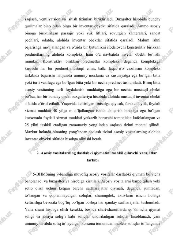 hisobga olinishi kerak. 2. asosiy vositalarning dastlabki qiymatini tashkil qiluvchi xarajatlar tarkibi 5-bhmsning 9-bandiga muvofiq asosiy vositalar dastlabki qiymati bo’yicha baholanadi va buxgalteriya hisobiga kiritilali. asosiy vositalarni barpo qilish yoki sotib olish uchun ketgan barcha sarfharajatlar qiymati, deganda, jumladan, to’langan va qoplanmaydigan soliqlar, shuningdek, aktivlarni ishchi holatga keltirishga bevosita bog’liq bo’lgan boshqa har qanday sarfharajatlar tushuniladi. yana shuni hisobga olish kerakki, boshqa shart-sharoitlarda qo’shimcha qiymat soligi va aksiya solig’i kabi soliqlar undiriladigan soliqlar hisoblanadi, yani umumiy tartibda soliq to’laydigan korxona tomonidan mazkur soliqlar to’langanda hisobga olinadi, biroq asosiy vositalarni sotib olish ishga tushirishda yuqorida ko’rsatilgan soliqlar ham ularning dastlabki qiymatga qo’shiladi. xo’jalik yurituvchi subektlar amaliyetida asosiy vositalarning dastlabki qiymati, odatda, ularning korxonaga kelib tushishi sabablaridan kelib chiqqan holda belgilanadi. asosiy vositalarning korxonaga kelib tushishining asosiy manbalari quyidagilar: obyektni oldi-sotdi shartnomasi bo’yicha sotib olish; kapital kiritmalar yakunlangandan keyin ishga tushirilgan obyektning oldi-berdisi; tasischi tomonidan ustav kapitaliga qo’shilgan ulush; tekin tushum yoki …