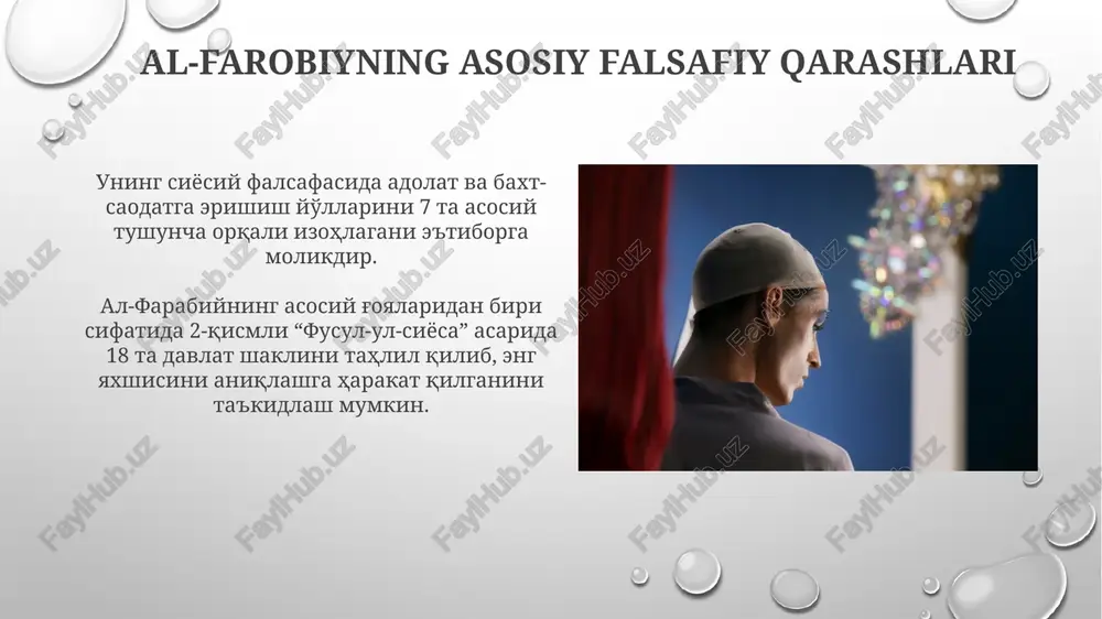 afasi uning fikricha, musiqa va san'atning asosiy vazifasi odamlarni fazilatli hayotga undash, 3 ta asosiy maqsadga xizmat qilishdir: axloqiy, intellektual va siyosiy. al-farobiy musiqa nazariyasida 7 ta asosiy modalni (maqomni) ta'riflaydi va ularning har biri inson ruhiyatiga turlicha ta'sirini tushuntirib beradi. e'tiboringiz uchun rahmat @taqdimot_robot image3.png image4.jpg image5.jpg image6.jpg image7.jpg image8.jpg image9.jpg image10.jpg image11.jpg image12.jpg image13.jpg image14.jpg image15.jpg image16.jpg image17.jpg image18.jpg image19.jpg image20.jpg image1.png