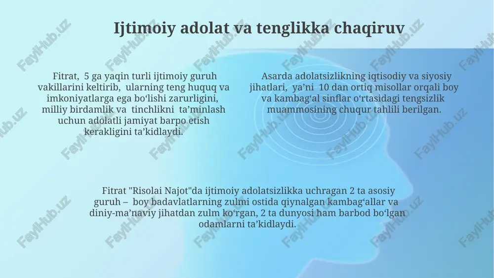 "najot risolasi"da odamlarning xatti-harakatlarini tahlil qilib, ularni 2 ga bo'lishga harakat qiladi, shu bilan birga, insonga taqvodorlik va ezgulikka intilish g'oyalarini singdiradi, 40 dan ortiq hikoya va misollardan foydalanadi. xulosa: baxtli hayot sari yo'l fitrat "xulosa" da, insonning ichki dunyosi va tashqi muhit o'rtasidagi uyg'unlikni, ya'ni 3 ta asosiy omil – jismoniy, ruhiy va ijtimoiy salomatlikni muvozanatini saqlash orqali baxtga erishish mumkinligini bayon qiladi. "xulosa: baxtli hayot sari yo'l" da fitrat 2 ta asosiy inson turini – dunyoviy mamnuniyatga intilganlar va ruhiy poklikka intilayotganlarni taqqoslab, ikkinchisining baxtga erishish yo'lini ko'rsatadi. kitobda ta'kidlangan 7 ta fazilat, shu jumladan, taqvodorlik va ilm-fan, insonning baxtli hayotga erishishida muhim rol o'ynaydi, deb ta'kidlanadi. birinchi toifa: moddiy ne'matlardan mahrum bo'lganlar fitrat, birinchi toifaga kiruvchi shaxslarning 30% atrofida "yashirin" qashshoqlik, ya'ni ehtiyojlarining haddan tashqari ko'payishi tufayli kelib chiqqan ruhiy azoblarini ta'kidlaydi. fitrat, "risolai najot"da moddiy qashshoqlikni 2 ta asosiy ko'rinishda, ya'ni mutlaq va nisbiy qashshoqlik sifatida …