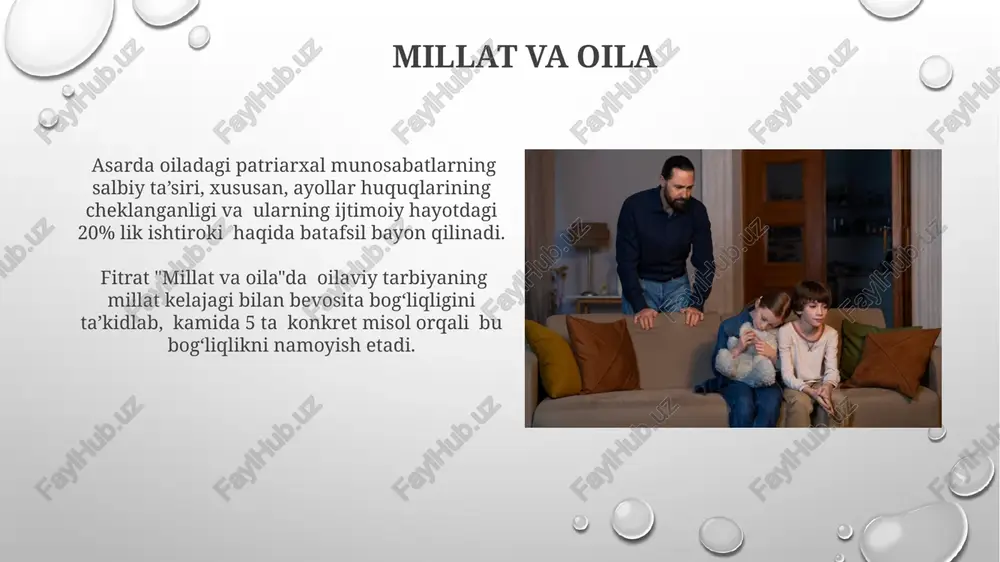 s ettiradi. oilada bilim va madaniyat asarda, 1920-yillardagi o'zbek jamiyatida ayollarning ta'lim darajasi pastligi va bu holatning oilaning intellektual rivojlanishiga salbiy ta'sirini ko'rsatuvchi 5 ta misol keltiriladi. fitrat "oilada bilim va madaniyat"da zamonaviy g'oyalarni qabul qilmagan, an'anaviy tarbiya usullariga sodiq qolgan oilalarning 10 foizini tashkil etishini va bu holatning jamiyatga xavfini ta'kidlaydi. ota-ona va farzand munosabatlari fitrat, "ota-ona va farzand munosabatlari"da, oilaviy tarbiyaning 5 ta muhim jihati: mehr-oqibat, hurmat, ta'lim, intizom va mas'uliyatni ta'kidlab o'tadi. fitratning "ota-ona va farzand munosabatlari" asarida 3 ta asosiy oilaning parchalanishi sabablari: qashshoqlik, ta'limning yetarli emasligi va an'anaviy qarashlarning ta'siri tahlil qilinadi. qiz va o'g'il bolalar tarbiyasi fitratning "qiz va o'g'il bolalar tarbiyasi" asarida milliy an'analar va zamonaviy g'oyalarni uyg'unlashtirish orqali bolalar tarbiyasining 5 ta muhim jihatini ta’kidlaydi. asarda, bolalarni tarbiyalashda 2 ta asosiy omil – ota-ona va jamiyatning roli alohida ta'kidlanadi, ularning o'zaro ta'siri ta’lim-tarbiyaning samaradorligiga bevosita ta’sir ko'rsatadi degan fikr bayon etiladi. e'tiboringiz …