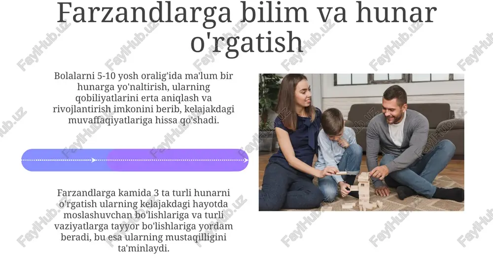 gi munosabatlariga mustahkam poydevor yaratadi. oilada tenglik va adolat oilada tenglik va adolat, farzand tarbiyasida 50/50 mas'uliyat taqsimotini nazarda tutib, ota-ona o'rtasidagi munosabatlarning barqarorligini ta'minlaydi. adolatli munosabatlar, 3 yoshgacha bo'lgan bolalarda xavfsizlik va ishonch hissini rivojlantiradi, keyinchalik ijtimoiy moslashuvchanlikni oshiradi. zamonaviy dunyoda an'analarni saqlash zamonaviy dunyoda oilaning 70% dan ortig'i an'anaviy qadriyatlarga amal qilishda qiyinchiliklarga duch kelmoqda, bu esa bolalarning tarbiyasiga salbiy ta'sir ko'rsatadi. so'nggi 10 yil ichida an'anaviy oilalar sonining kamayishi kuzatilmoqda, buning o'rnini esa, individualistik va ko'pgina an'anaviy qadriyatlardan voz kechgan oilalar egallamoqda. kelajak avlodni tarbiyalashda oila mas'uliyati bolani mustaqil fikrlashga o‘rgatish, muammolarni hal qilish qobiliyatini rivojlantirish, oilaviy mas’uliyatni 10-12 yoshdan boshlab singdirish kelajakdagi muvaffaqiyatning kalitidir. oilada kamida 3 ta avlod vakillari birgalikda yashasa, bolaning ijtimoiylashuvi va axloqiy-ma’naviy tarbiyasi 20% ga yaxshilanadi, deb hisoblanadi. millat va vatanparvarlik tuyg'usini tarbiyalash vatanparvarlik tarbiyasi davlat ramzlari, madhiyasi va gerbi haqida bilim berish, milliy qadriyatlarni hurmat qilish va 10 ta milliy qahramon …