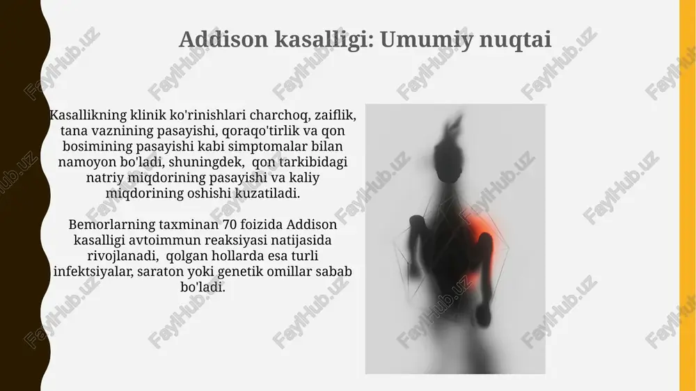 igini aniqlashda muhim ahamiyatga ega. baxter kasalligi: patogenezi kasallikning rivojlanishida genetik omillar muhim rol o'ynaydi, ayniqsa, col2a1 va col11a1 genlaridagi mutatsiyalar xondrotsitlarning funksiyasini buzishi mumkin. baxter kasalligining patogenezi, shuningdek, xondrotsitlarning apoptozi va ekstrasellular matrisning degradasiyasi bilan bog'liq bo'lib, bu esa bir qator biokimyoviy jarayonlarning natijasidir. addison, bo'g'im sindromi va baxter kasalliklarining solishtiruvchi tahlili bo'g'im sindromining 70% dan ortig'i revmatik kasalliklar bilan bog'liq bo'lsa, addison va baxter kasalliklari esa endokrin va immunologik sabablarga ega bo'lib, ularning diagnostikasi gormonlar darajasini tekshirish va immunologik tekshiruvlarni o'z ichiga oladi. baxter kasalligi (sinov sindromi) 20-40 yoshdagi ayollarda ko'proq uchrab, bo'g'imlarning yallig'lanishi va og'rig'i bilan namoyon bo'ladi, addison kasalligidan farqli o'laroq, yuqori kortizol darajasi bilan emas, balki immunitet tizimining disfunksiyasi bilan bog'liq. addison kasalligi: semptomlari va belgilari bemorlarning taxminan 70 foizida qorin og'rig'i, diareya, qusish va ishtahani yo'qotish kabi oshqozon-ichak trakti bilan bog'liq alomatlar kuzatiladi. addison kasalligi gipopigmentatsiyaga, ya'ni terining rangsizlanishiga, ayniqsa, qo'l va oyoqlarning orqa …