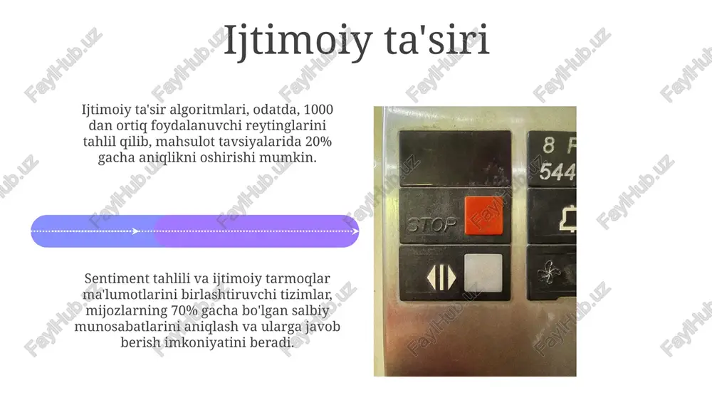 konini beradi. transportda qo'llanilishi ai asosida ishlaydigan yuk tashish marshrutlarini rejalashtirish tizimlari, 300 dan ortiq parametrlarni hisobga olgan holda, optimal marshrutlarni aniqlaydi, natijada transport xarajatlarini 10-15% ga tejaydi. avtomatik qaror qabul qilish tizimlari transportda yo'nalish optimallashtirishni ta'minlaydi, bu esa yoqilg'i sarfini 15% gacha kamaytirishi va yetkazib berish vaqtlari 10% ga qisqarishi mumkin. ishlab chiqarishda qo'llanilishi real vaqt rejimida ma'lumotlar tahlili orqali, tizim 1000 dan ortiq parametrlarni hisobga olgan holda, optimal ishlab chiqarish strategiyasini taklif qiladi, bu esa unumdorlikni sezilarli darajada oshiradi. avtomatlashtirilgan qaror qabul qilish tizimlari ishlab chiqarish jarayonlarini 15% ga tezlashtirishi va xatolik darajasini 5% ga kamaytirishi mumkin, bu esa resurslarni tejashga va sifatni oshirishga yordam beradi. muhokama va savollar mashinani o'rgatish usullaridan foydalanib, 95% aniqlikka erishgan holda, 5000 ta real vaziyatli ma'lumotlar to'plamidan foydalanilgan. avtomatik qaror qabul qilish tizimlarida 1000 dan ortiq o'zgaruvchini qayta ishlash vaqtini optimallashtirish uchun algoritmik murakkablikni kamaytirish muhimdir. e'tiboringiz uchun rahmat @taqdimot_robot image4.jpg image5.jpg …